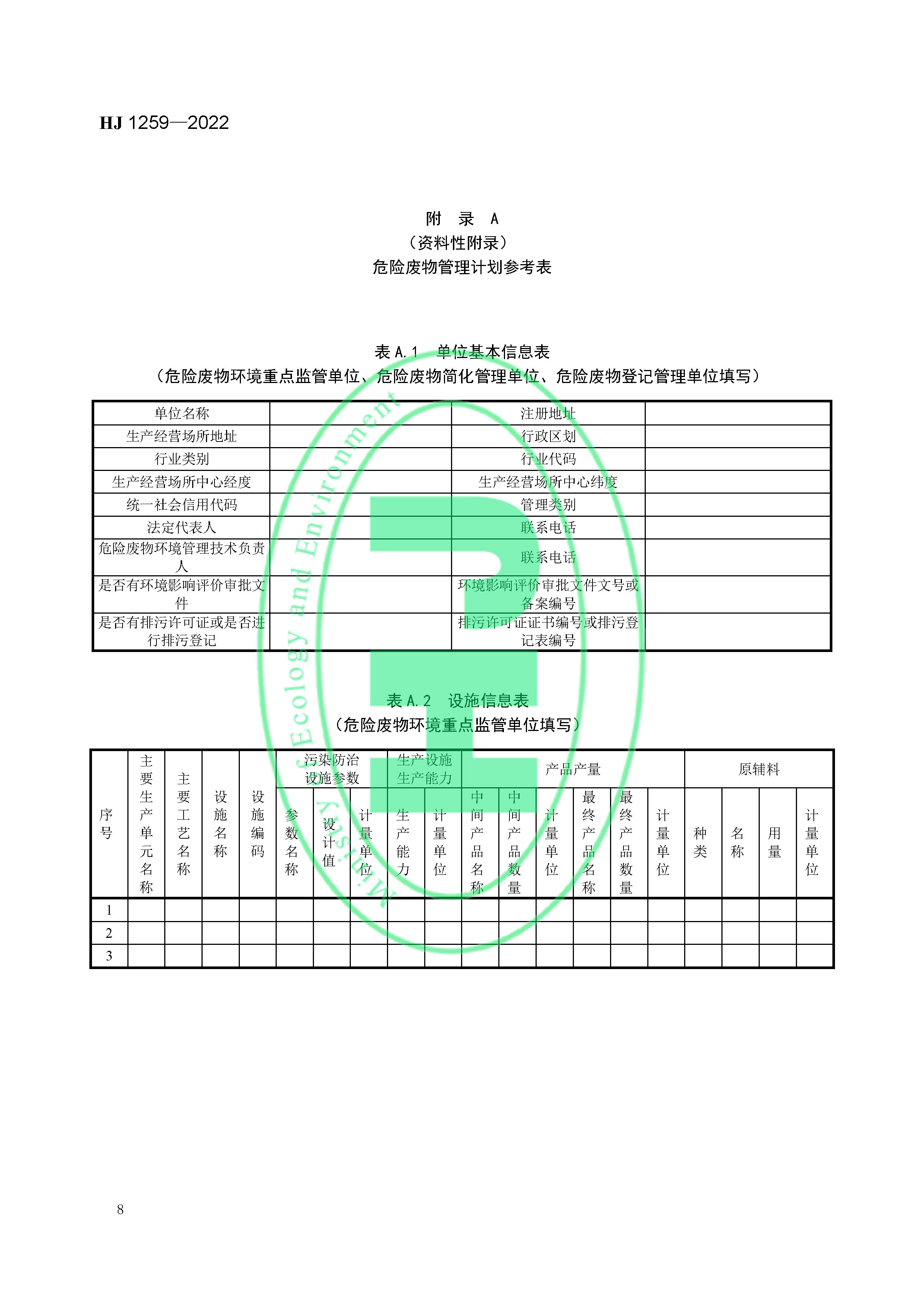 危险废物管理计划和管理台账制定技术导则（HJ 1259-2022）