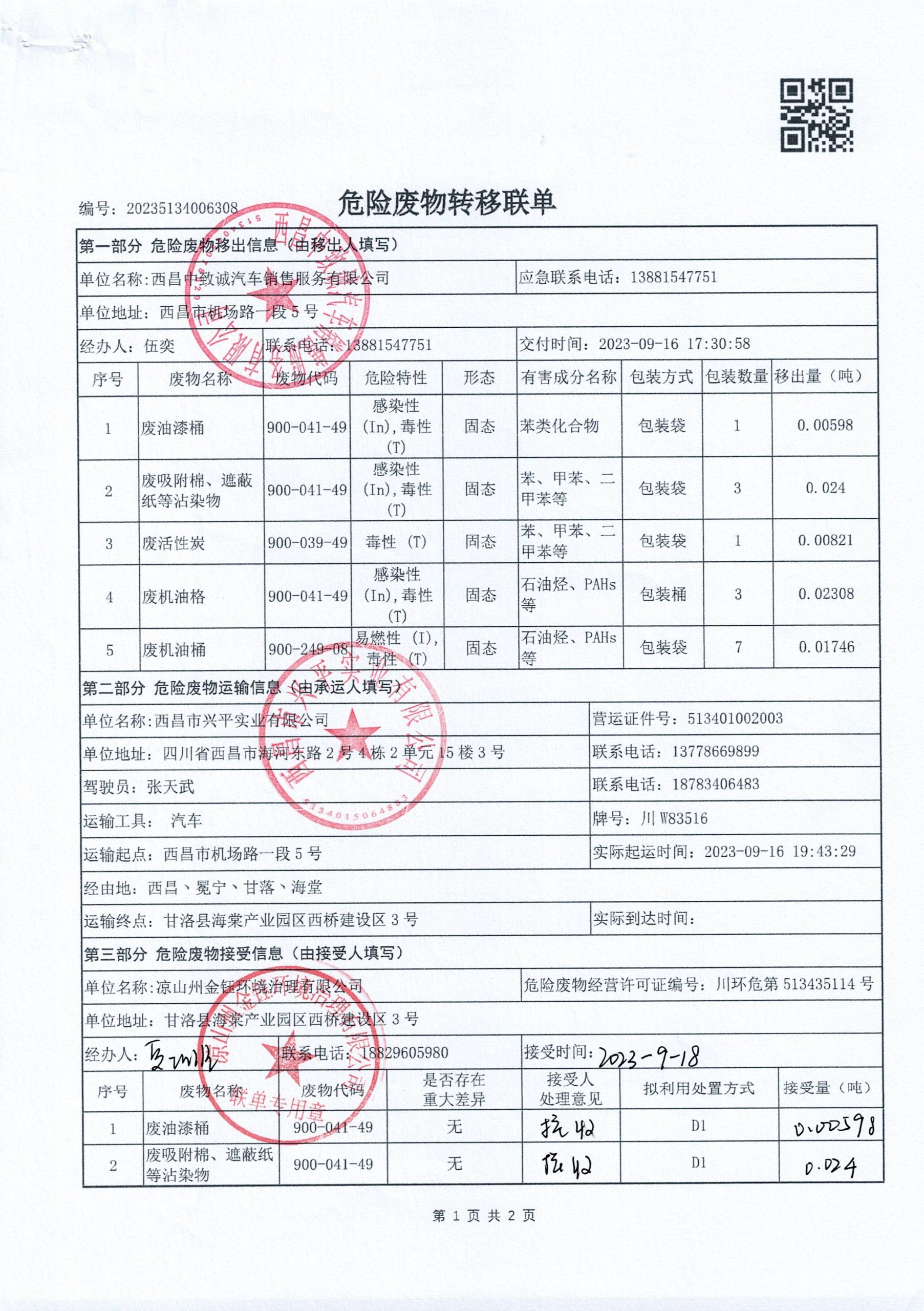 西昌中致诚汽车销售服务有限公司危险废物信息公示