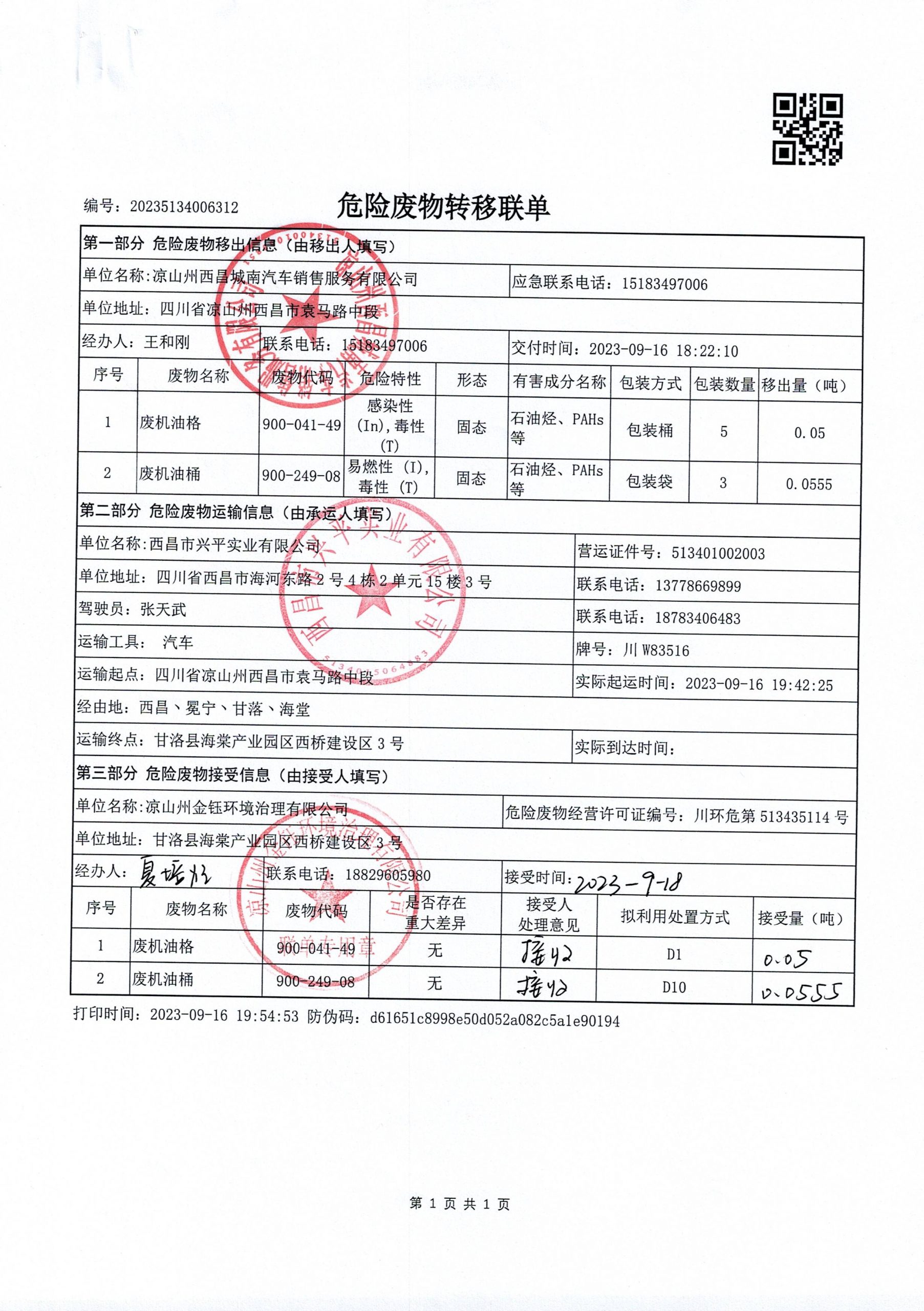 凉山州西昌城南汽车销售服务有限公司危险废物信息公示