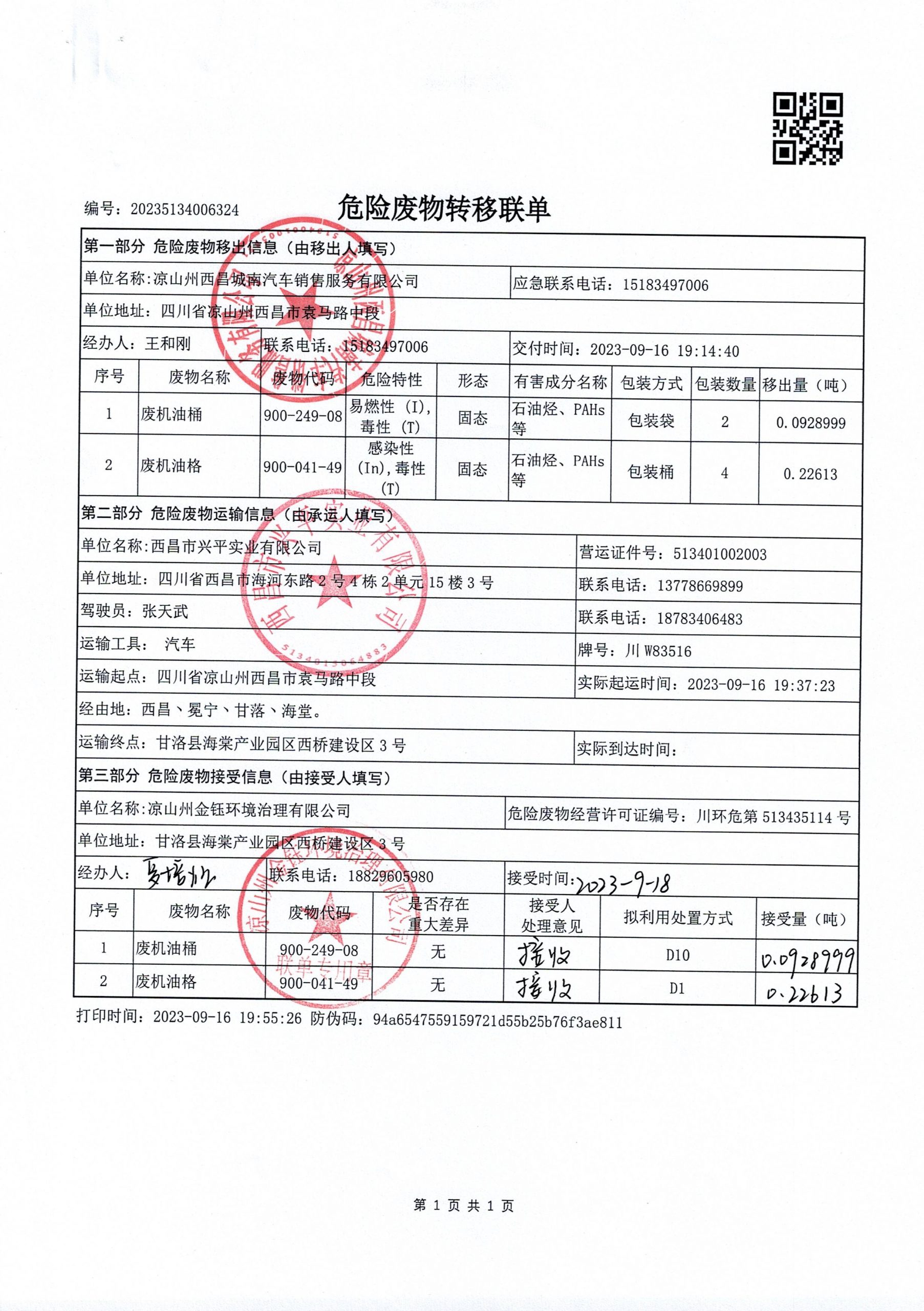 凉山州西昌城南汽车销售服务有限公司危险废物信息公示