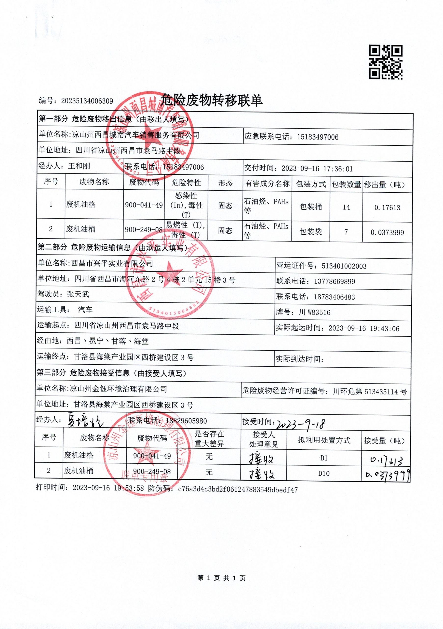 凉山州西昌城南汽车销售服务有限公司危险废物信息公示