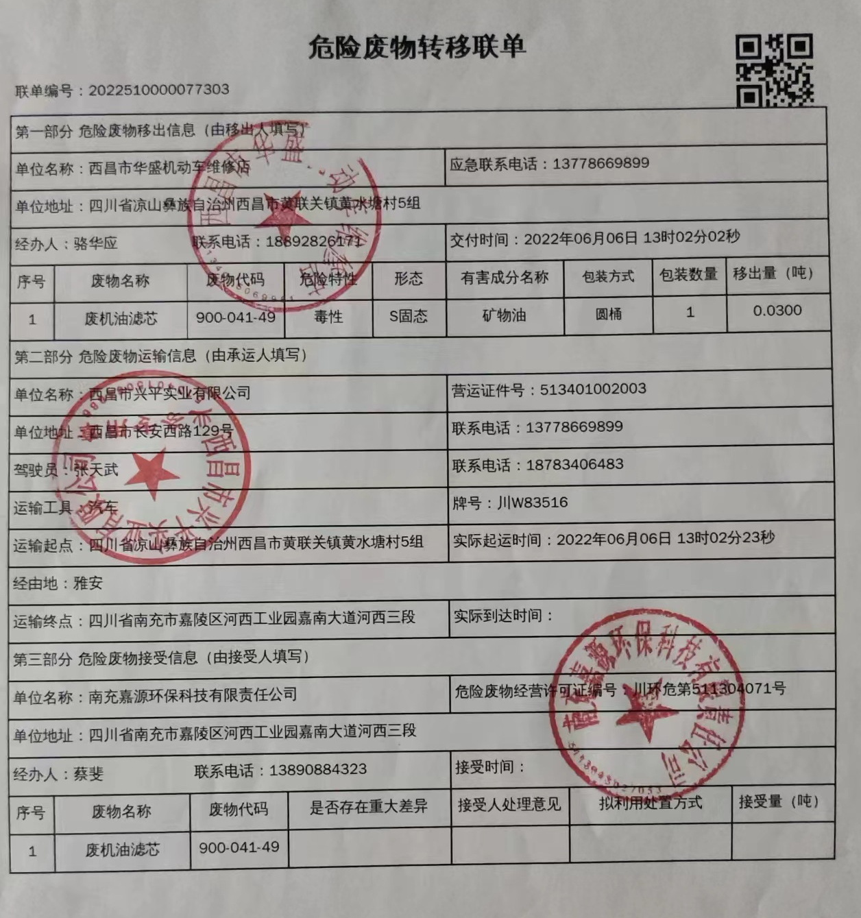 西昌市华盛机动车维修店危险废物信息公示