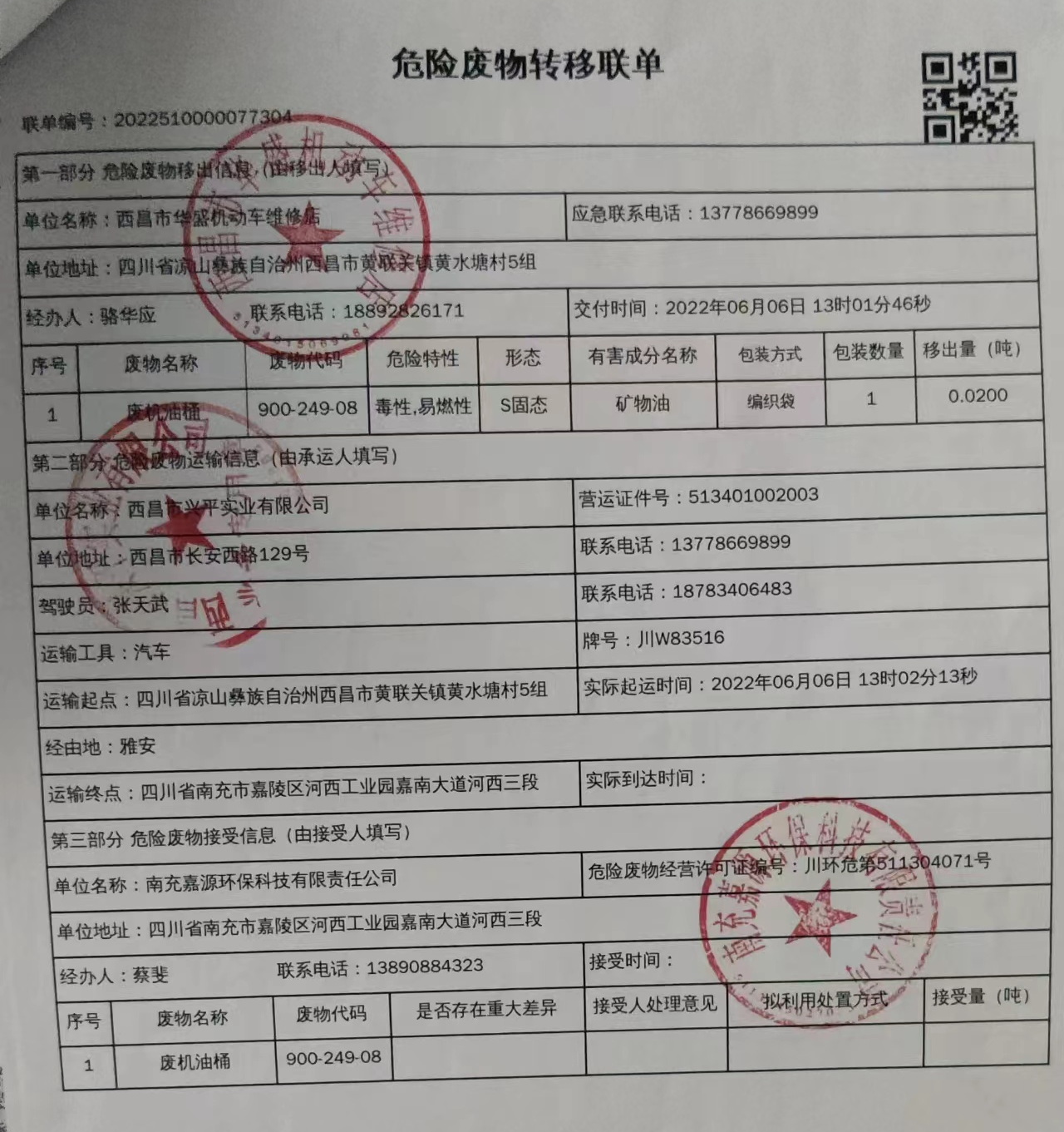 西昌市华盛机动车维修店危险废物信息公示