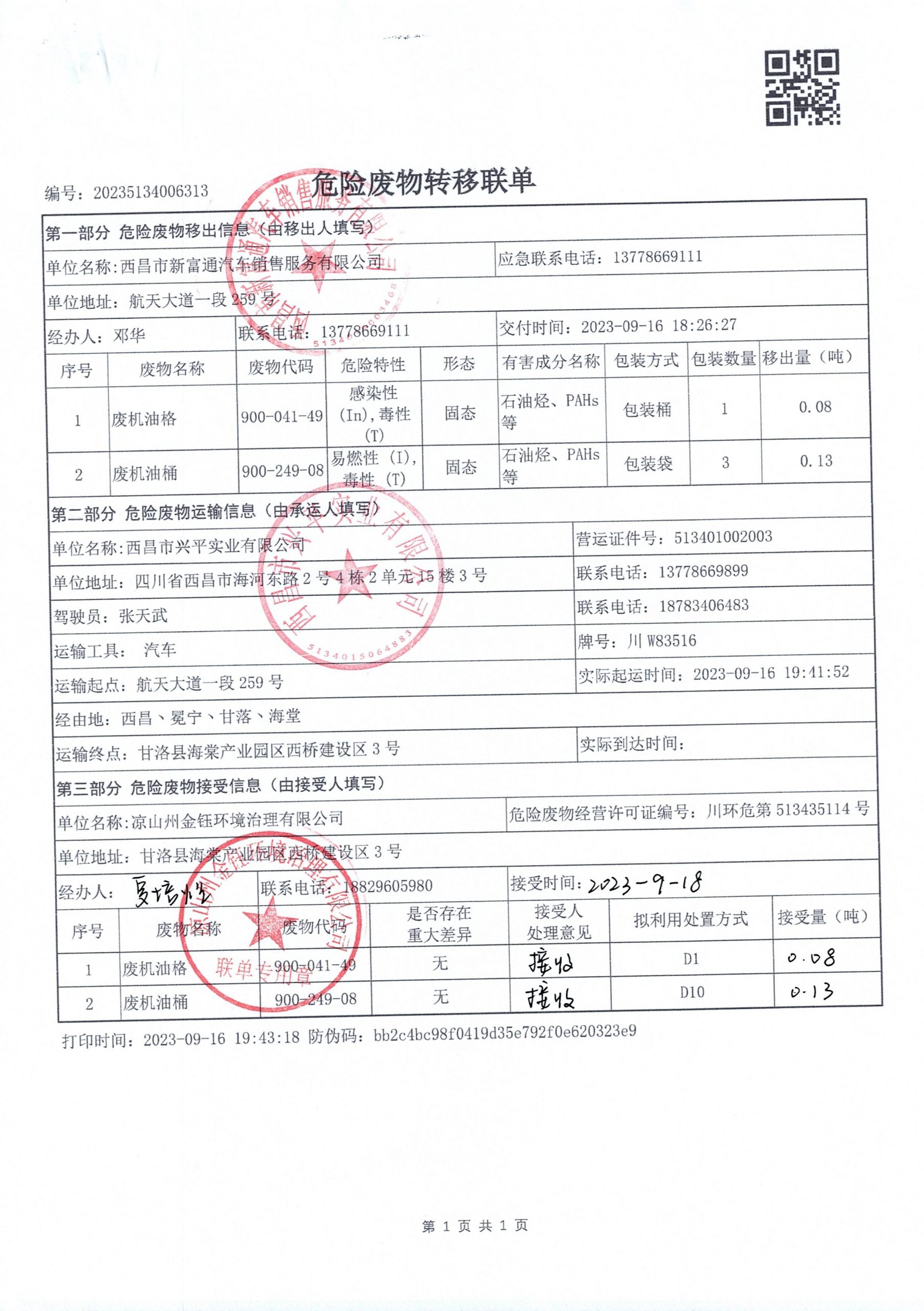 西昌市新富通汽车销售服务有限公司危险废物信息公示
