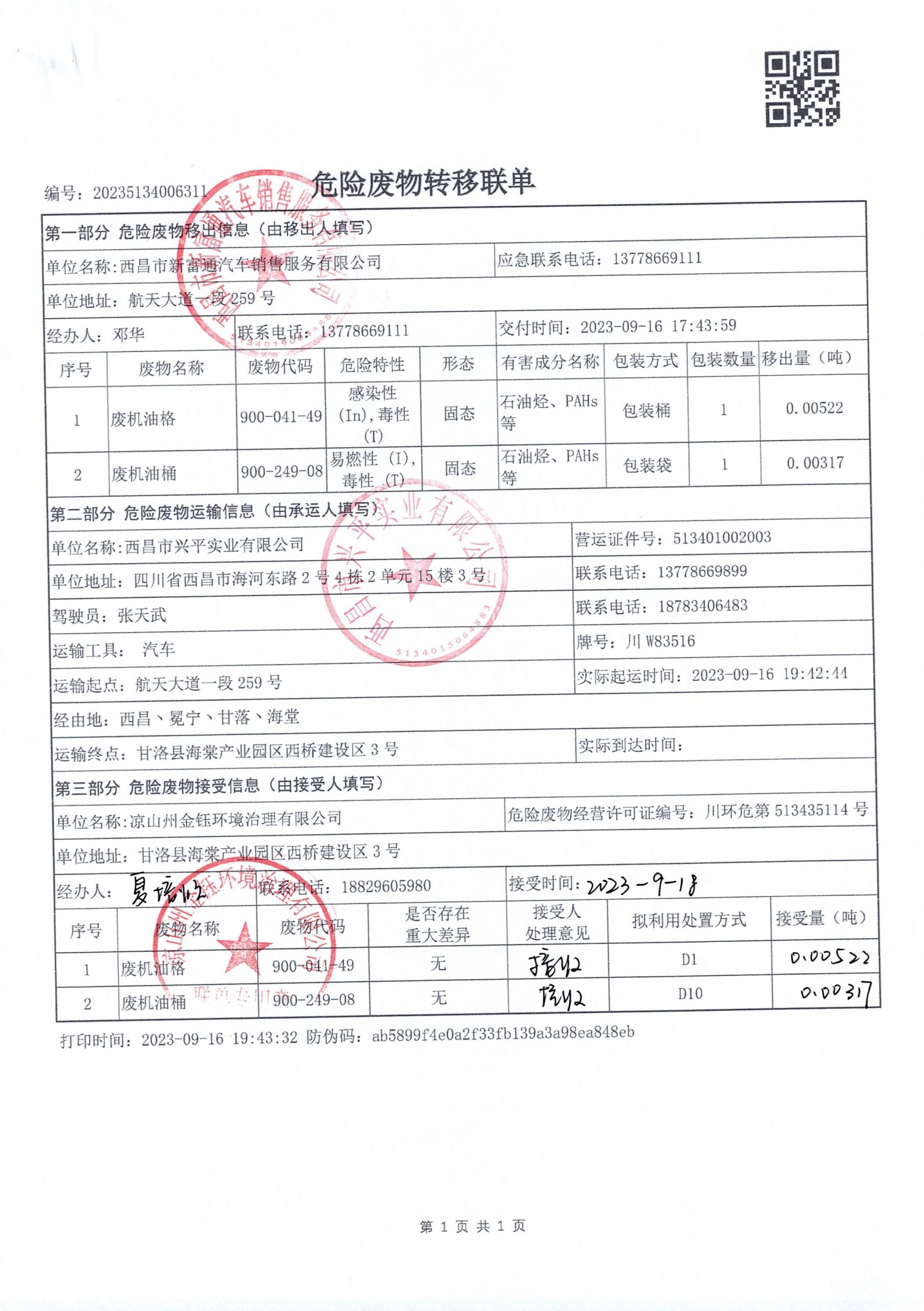 西昌市新富通汽车销售服务有限公司危险废物信息公示