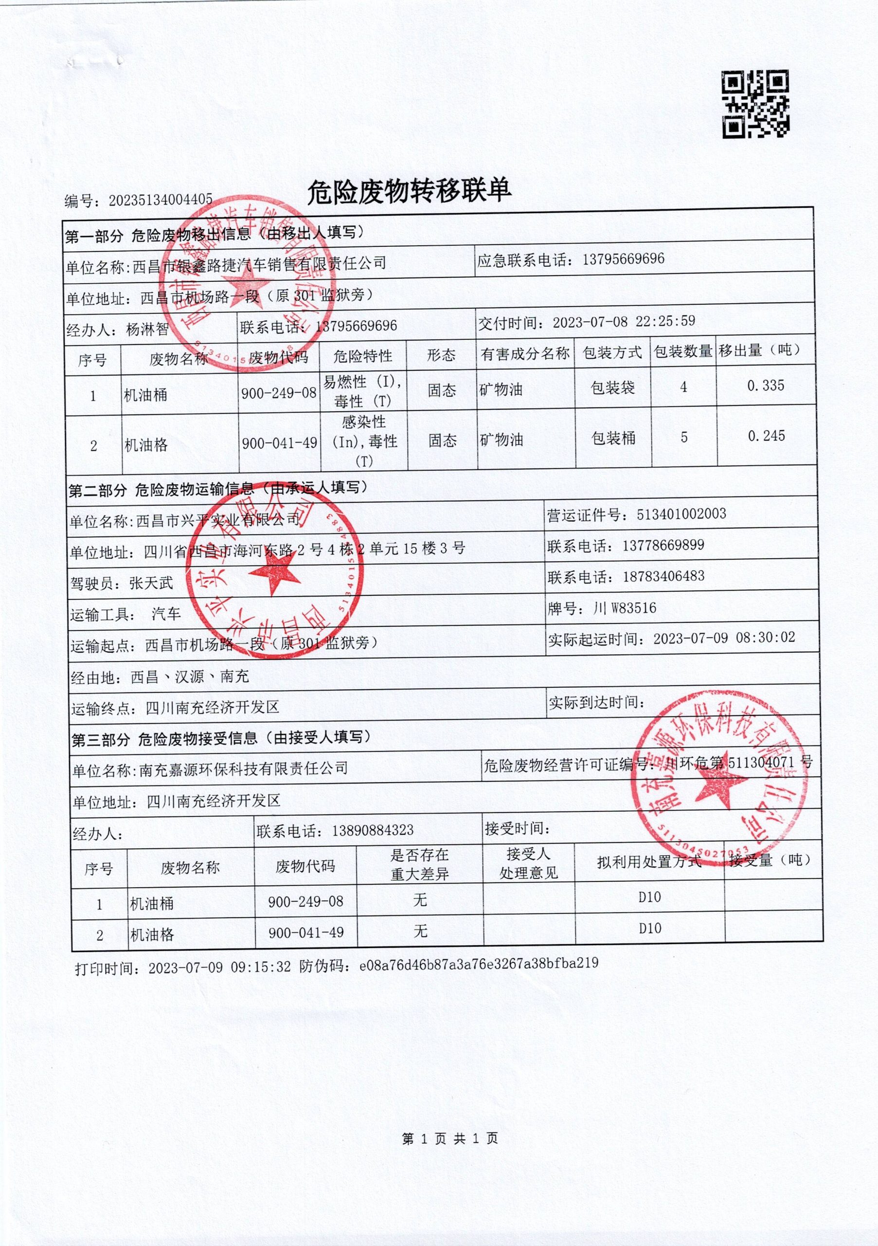 西昌市银鑫路捷汽车销售有限责任公司危险废物信息公示