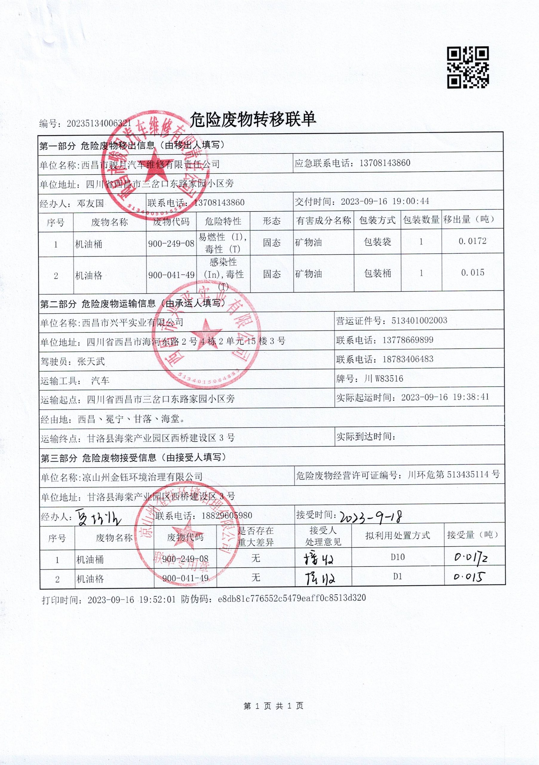 西昌市骏月汽车维修有限责任公司危险废物信息公示