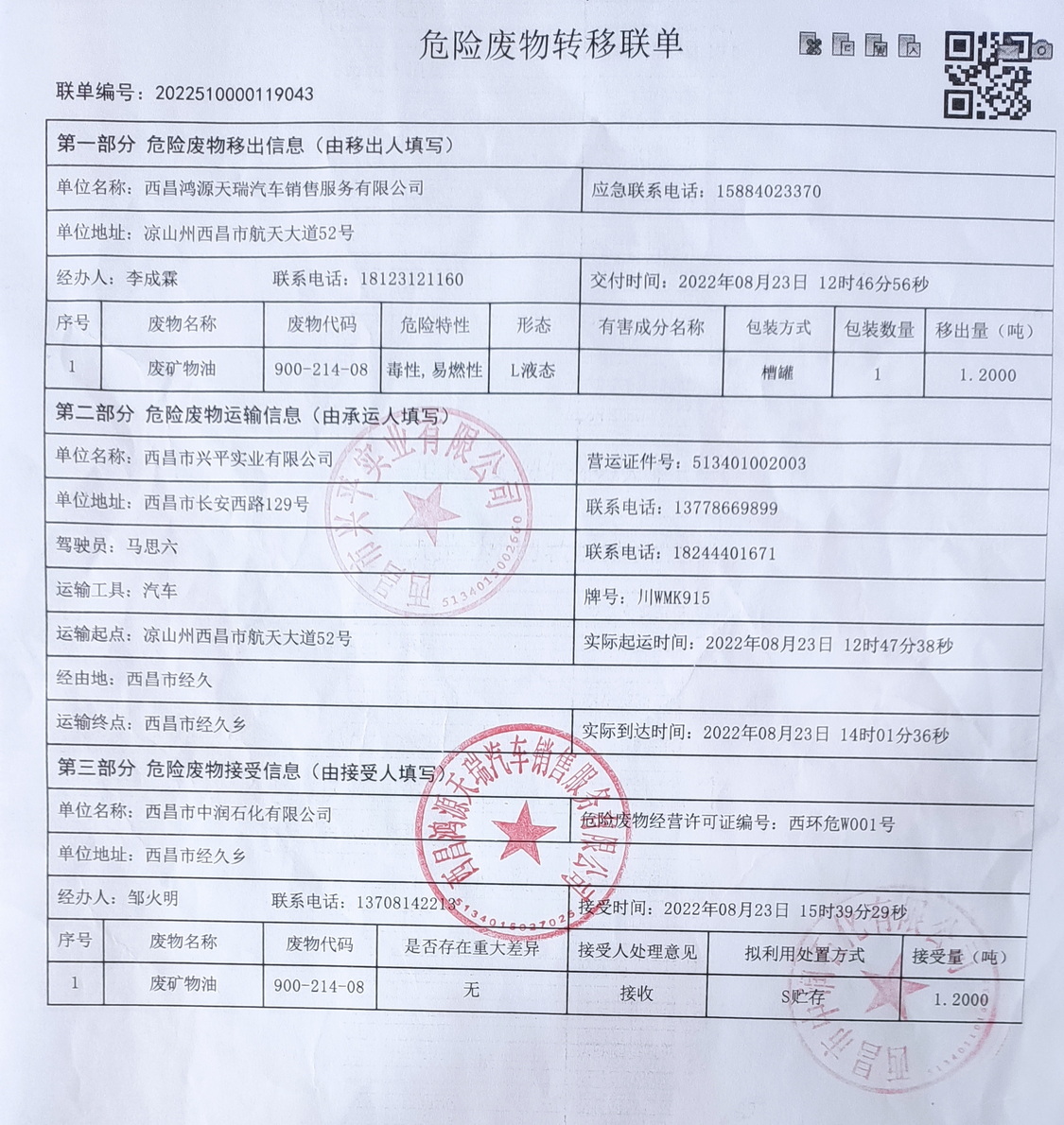 西昌鸿源天瑞汽车销售服务有限公司危险废物信息公示