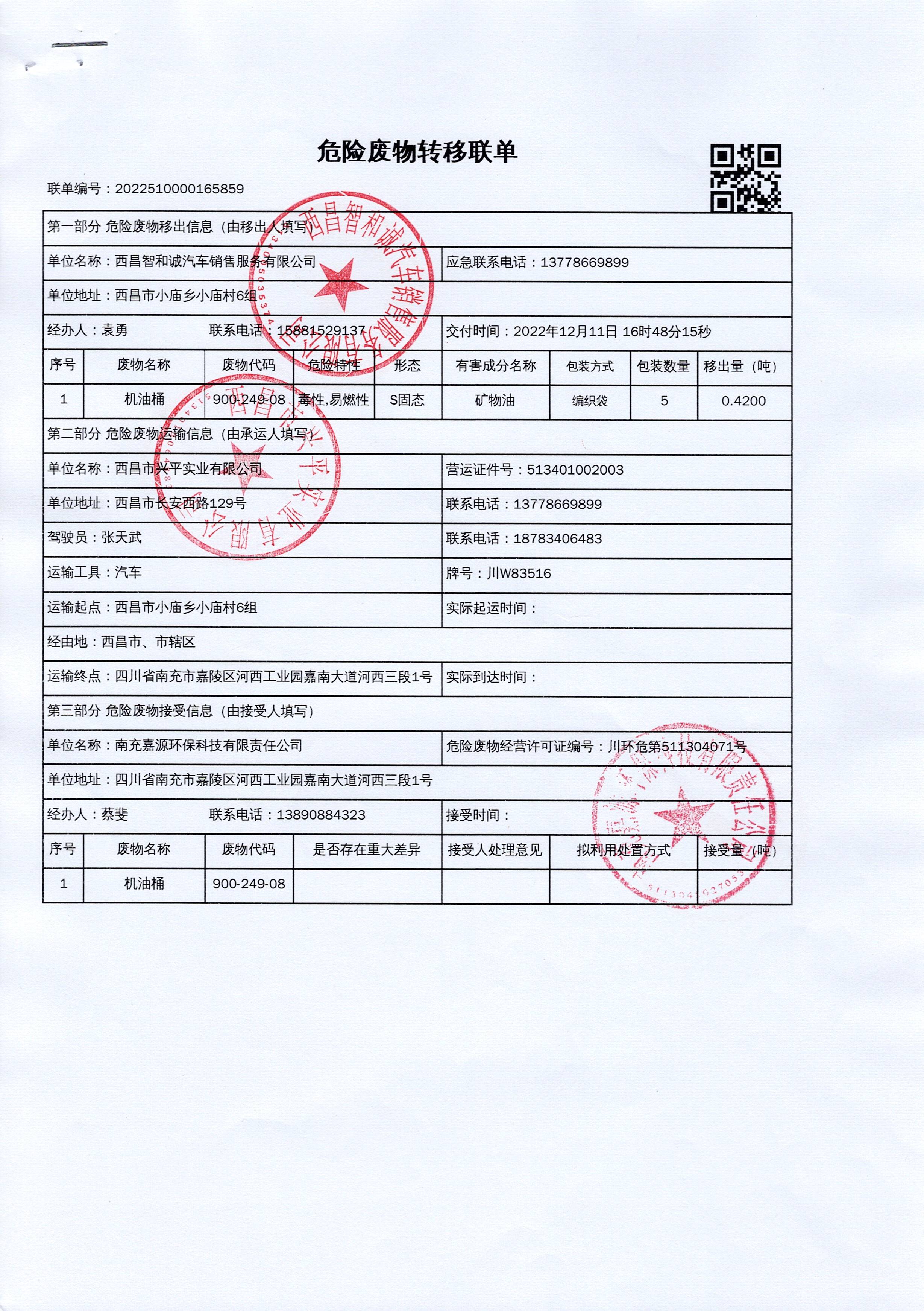 西昌智和诚汽车销售服务有限公司危险废物信息公示