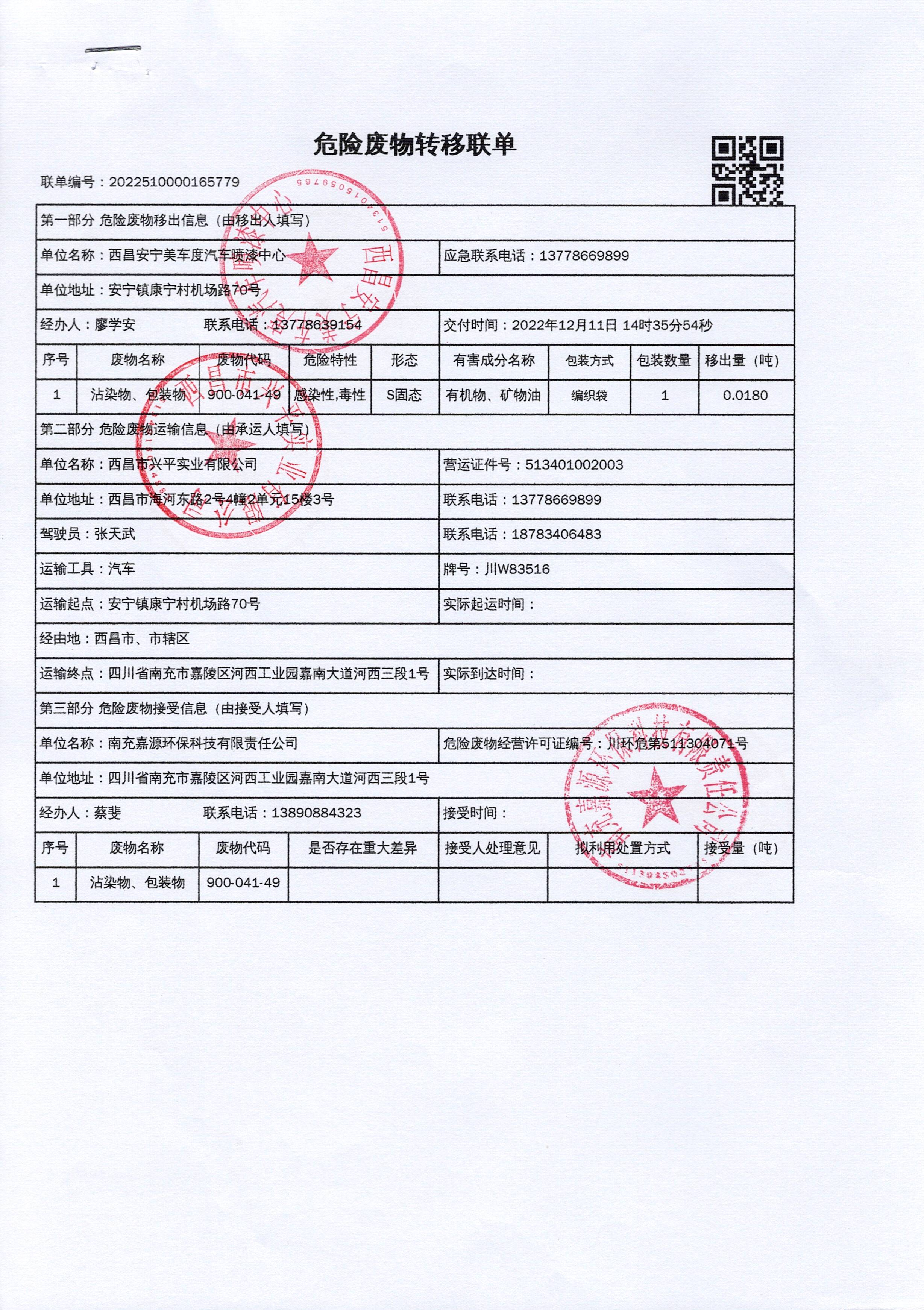 西昌安宁美车度汽车喷漆中心危险废物信息公示