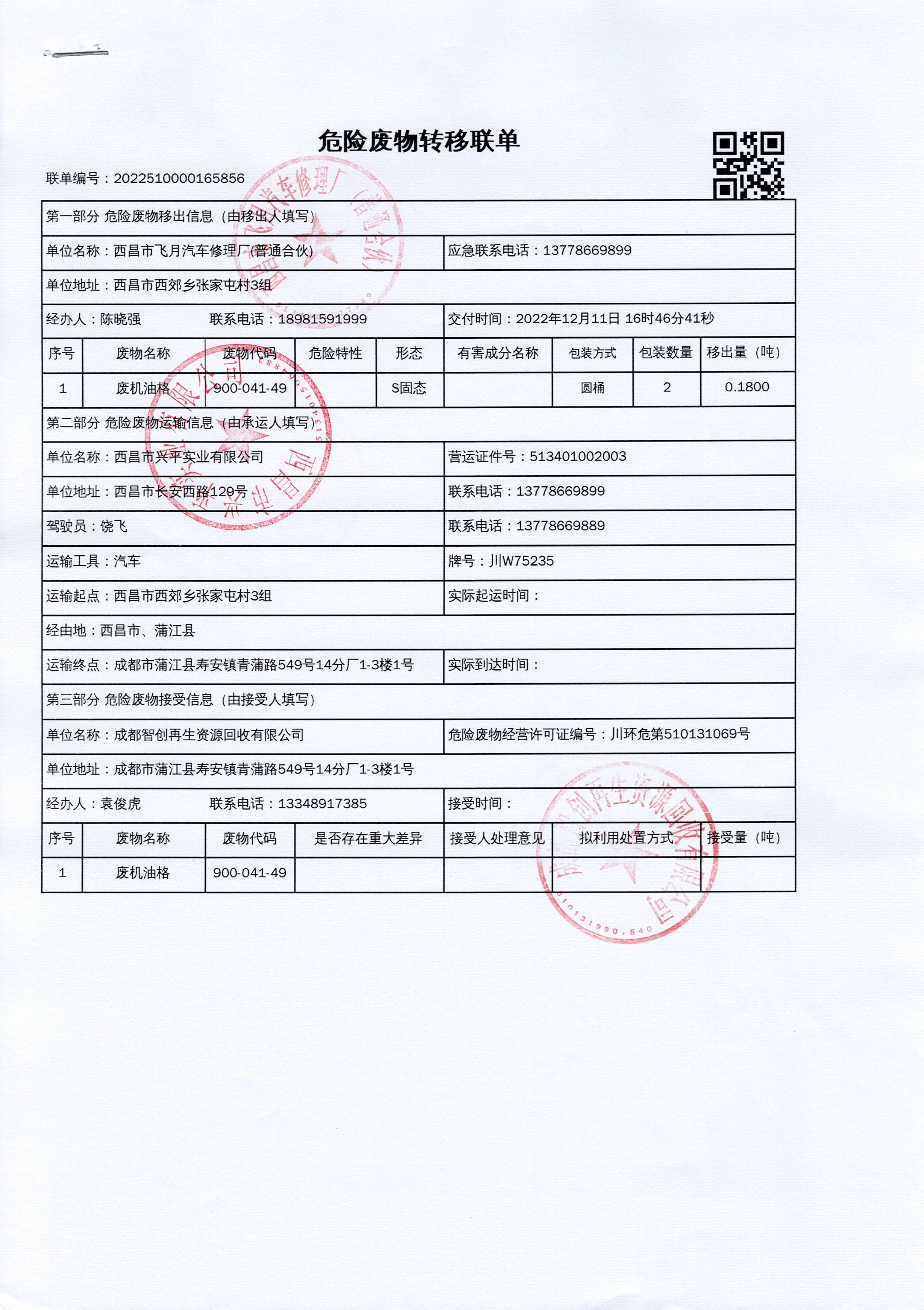 西昌市飞月汽车修理厂危险废物信息公示