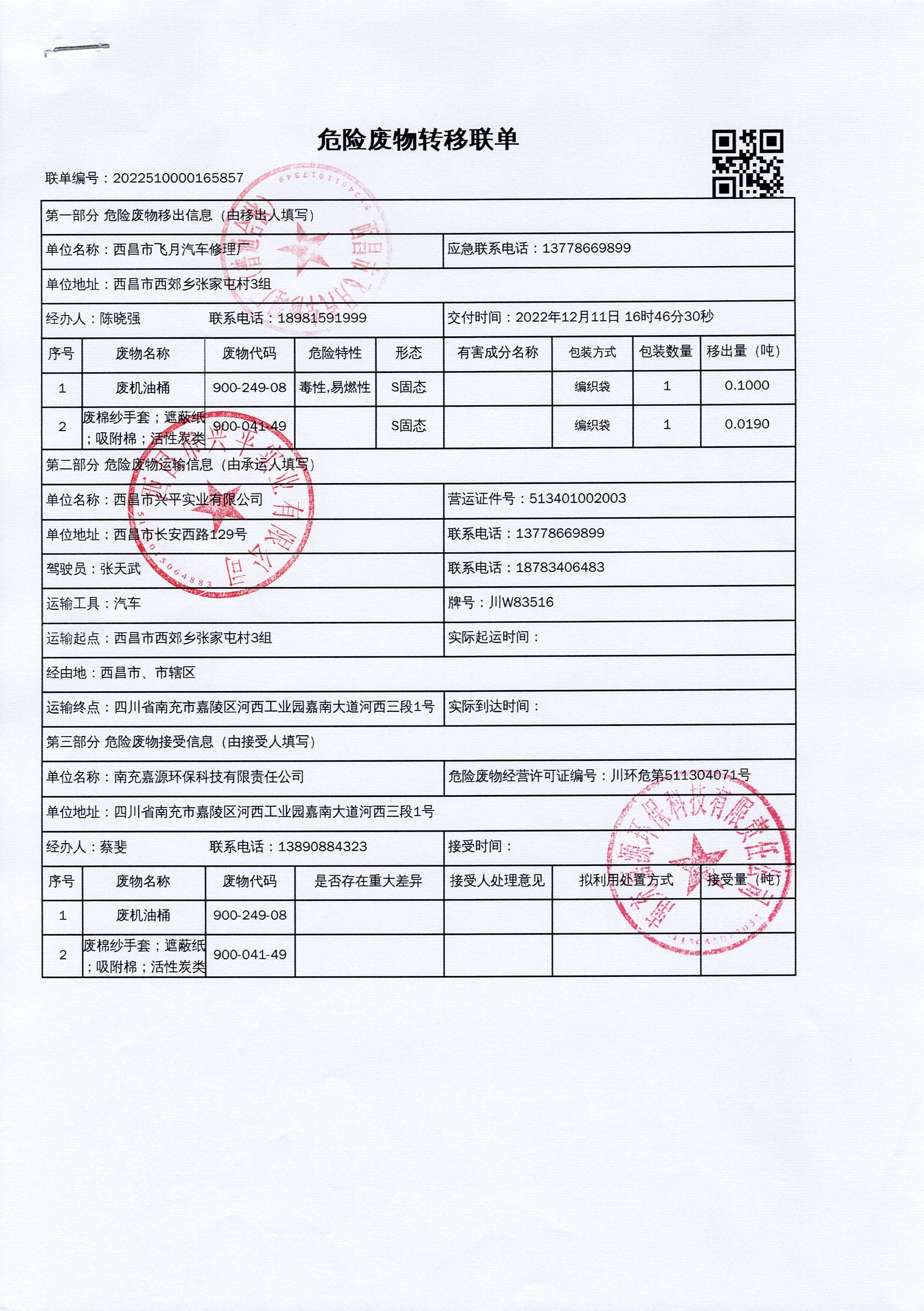 西昌市飞月汽车修理厂危险废物信息公示