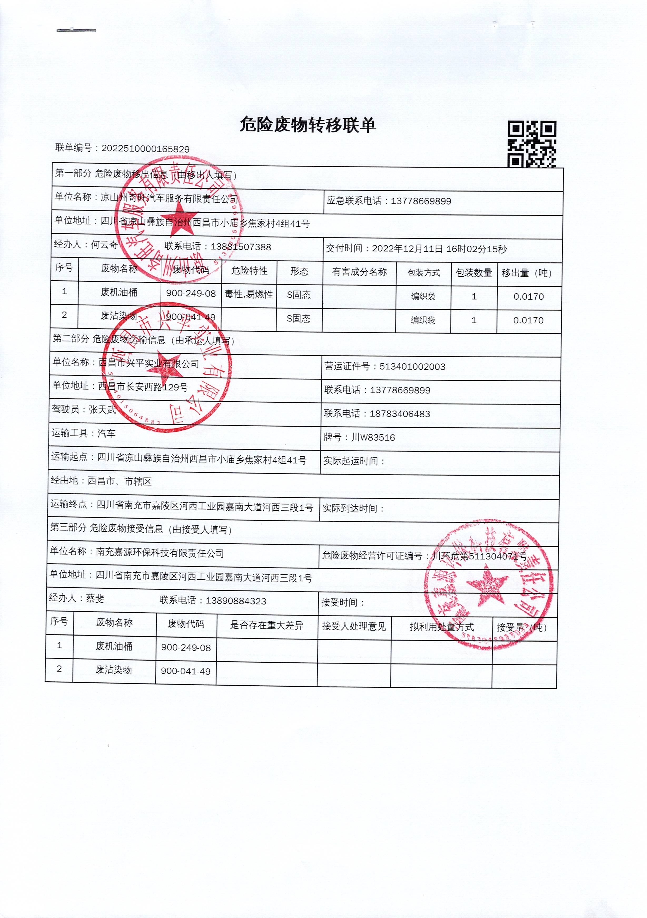 凉山州奇旺汽车服务有限责任公司危险废物信息公示