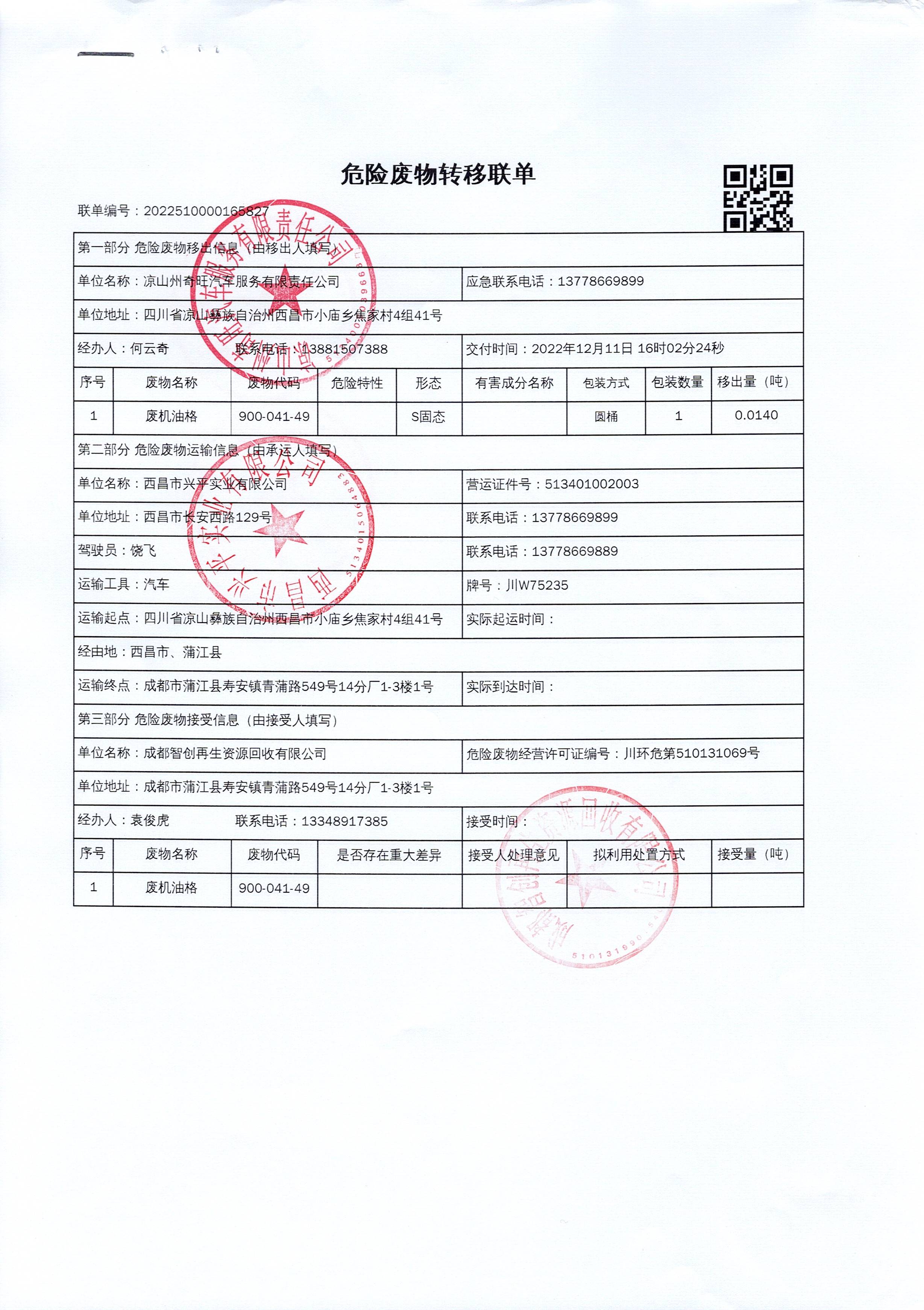 凉山州奇旺汽车服务有限责任公司危险废物信息公示