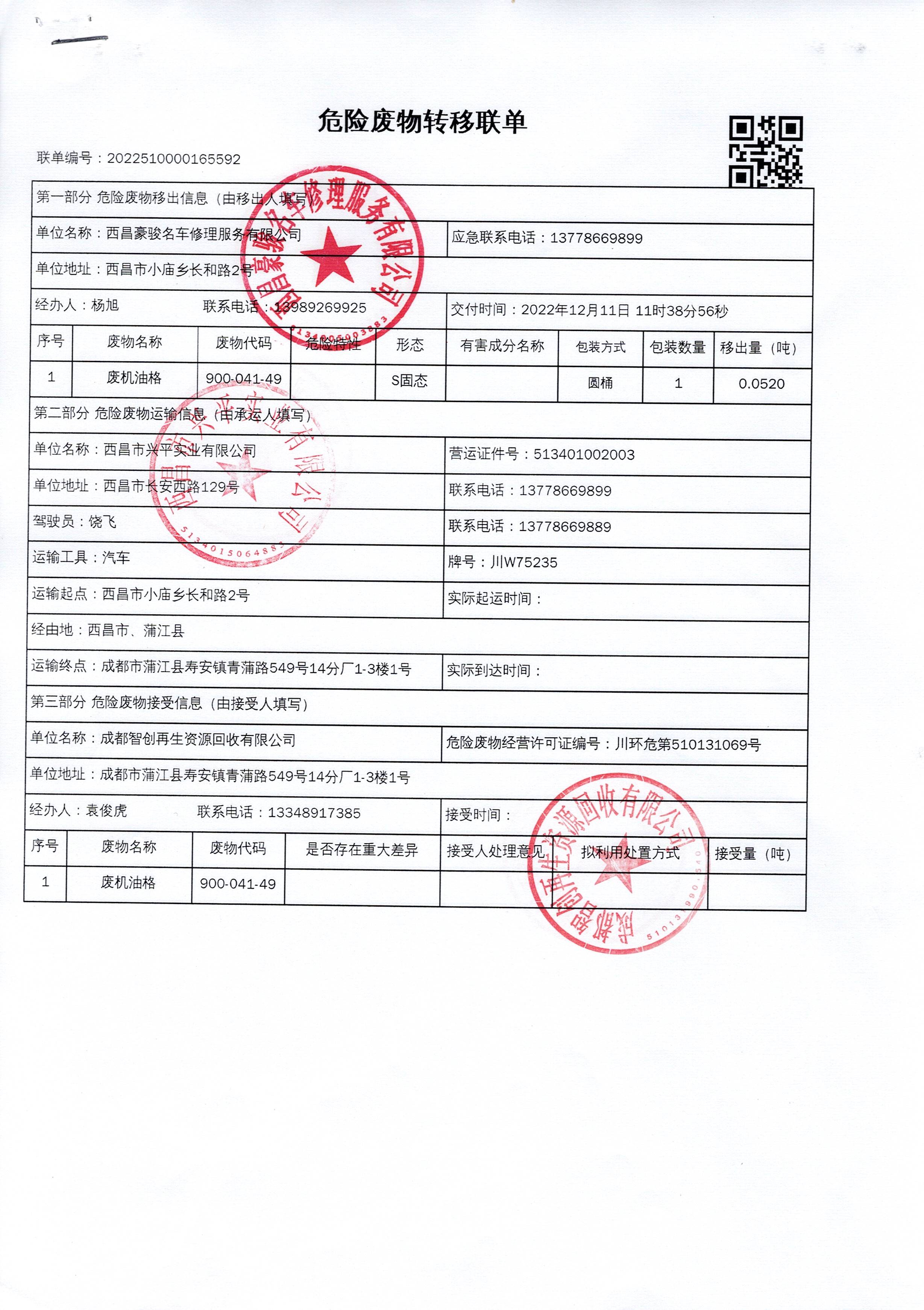西昌豪骏名车修理服务有限公司危险废物信息公示