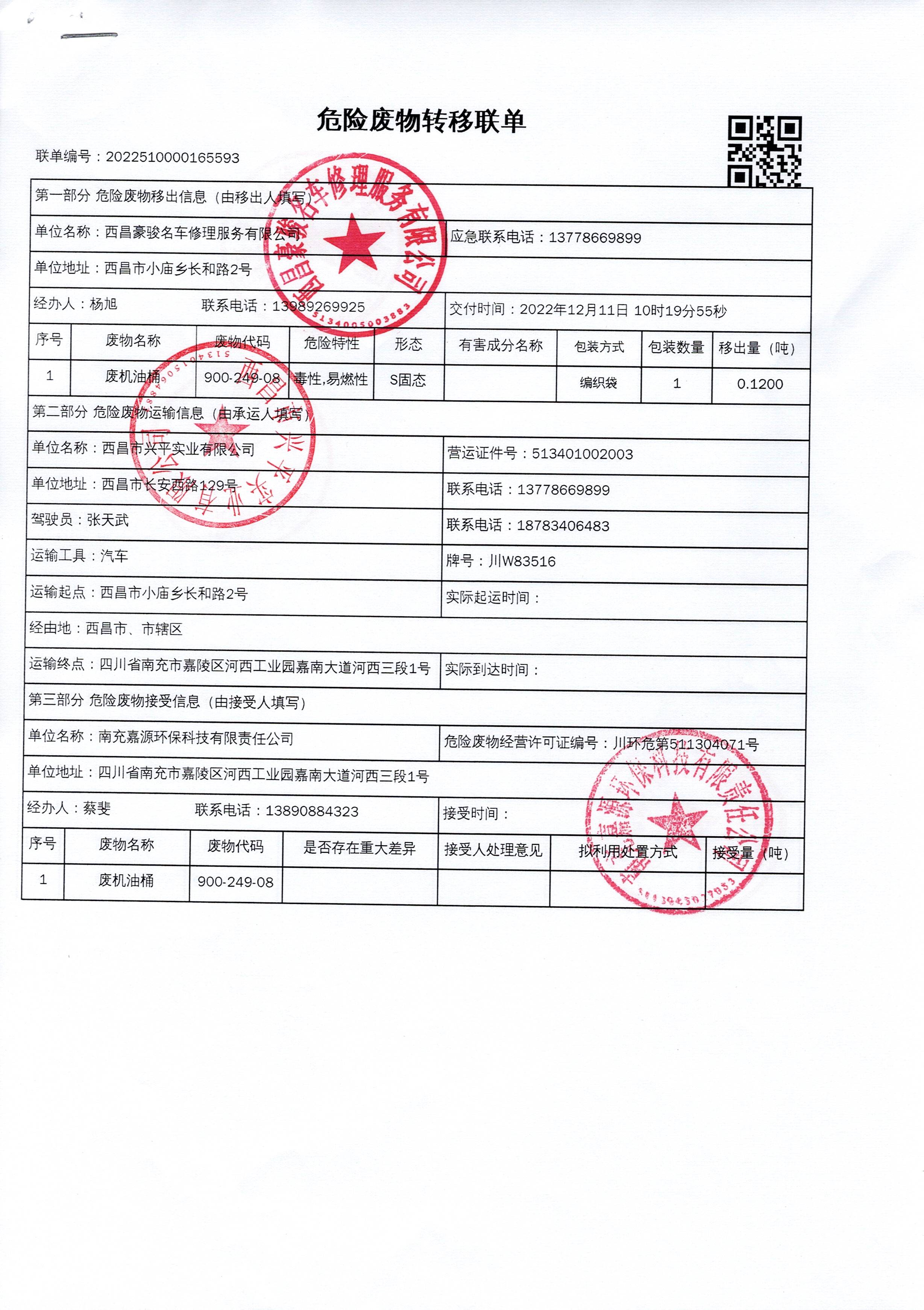 西昌豪骏名车修理服务有限公司危险废物信息公示