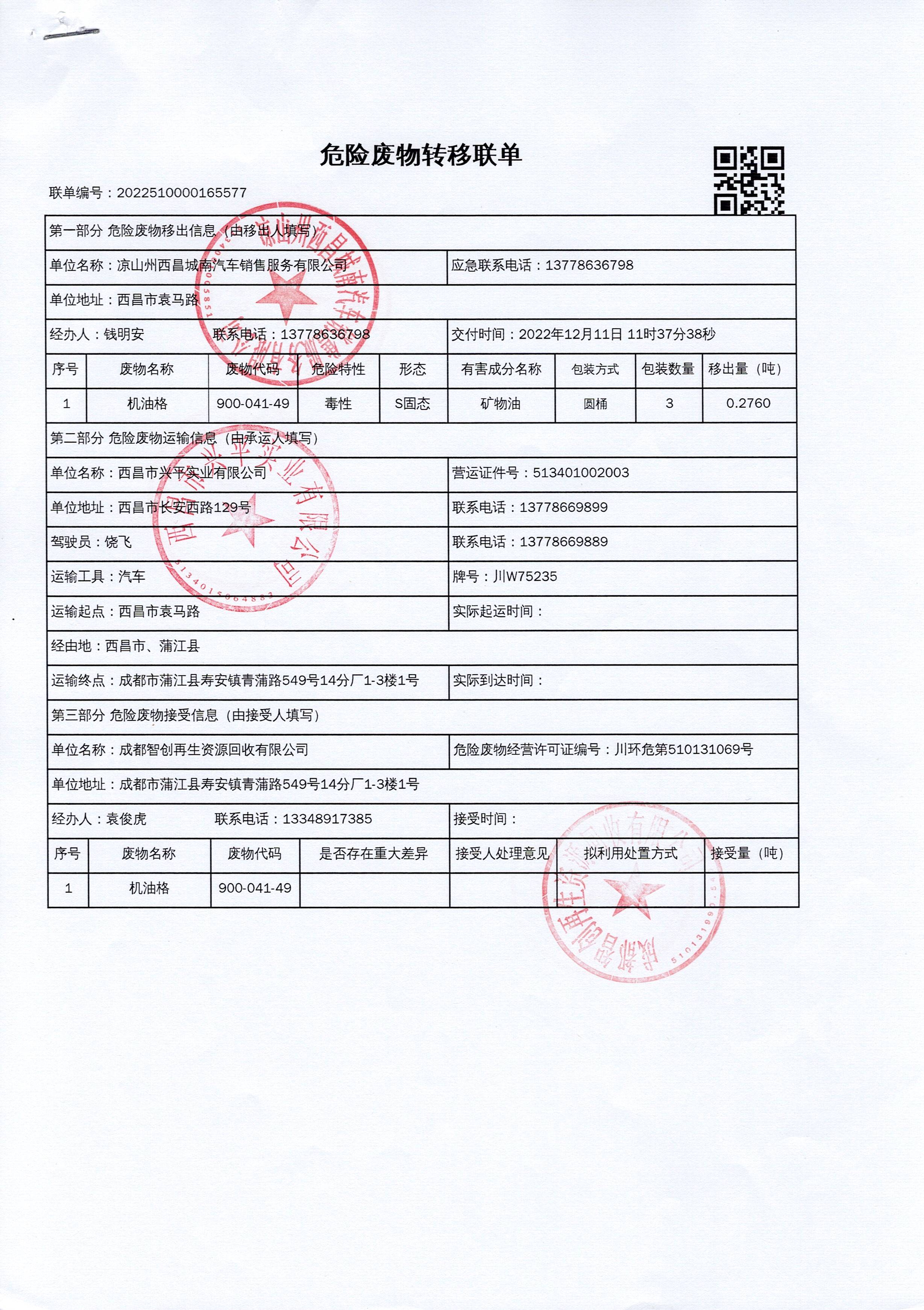 凉山州西昌城南汽车销售服务有限公司危险废物信息公示