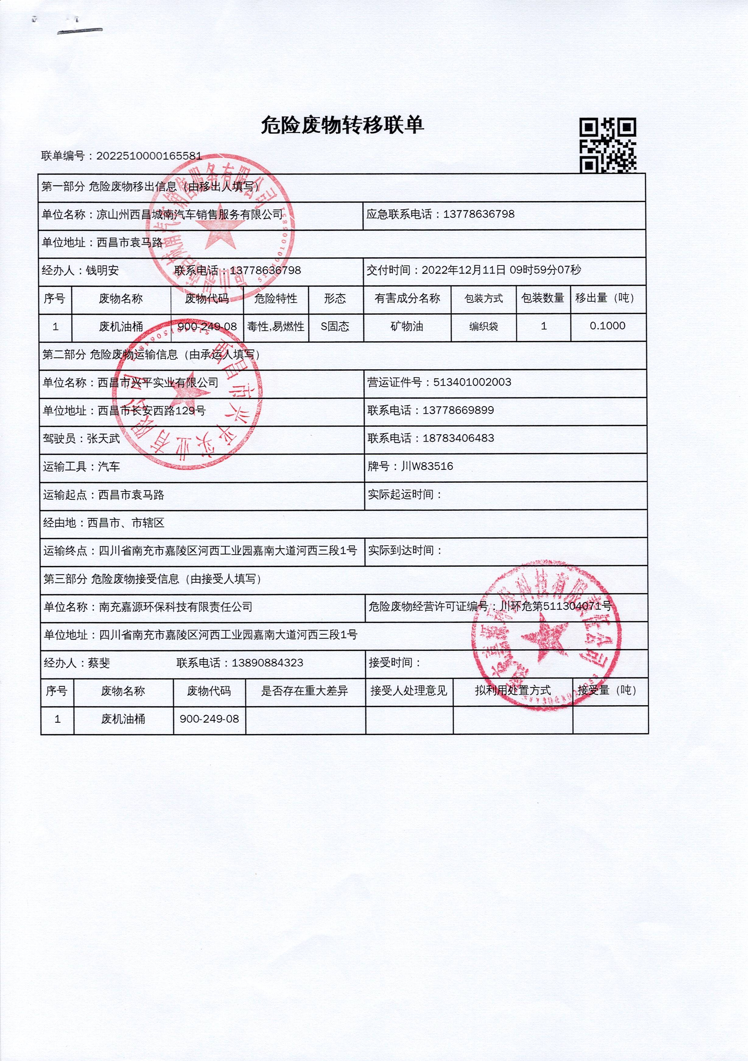 凉山州西昌城南汽车销售服务有限公司危险废物信息公示