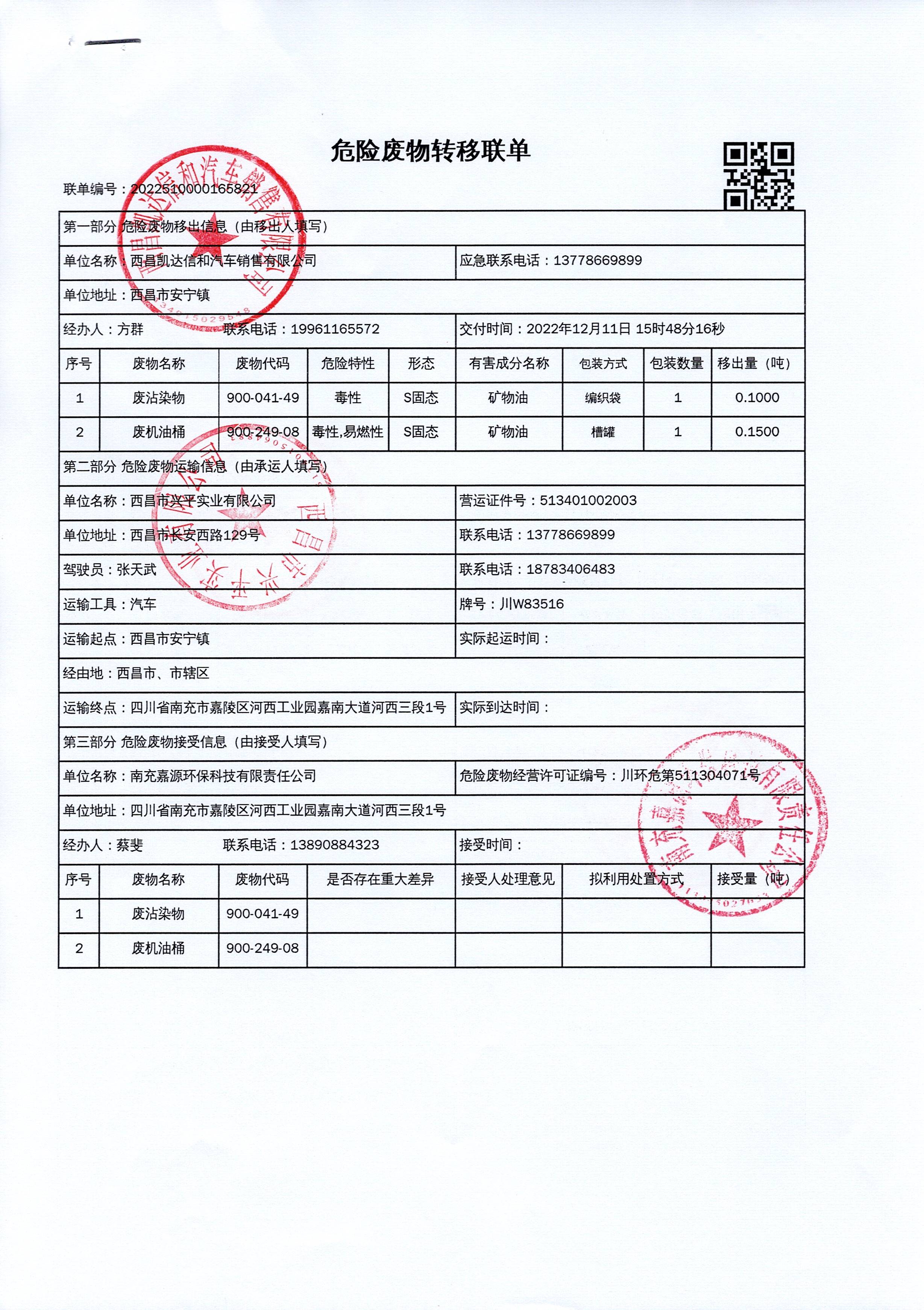 西昌凯达信和汽车销售有限公司危险废物信息公示