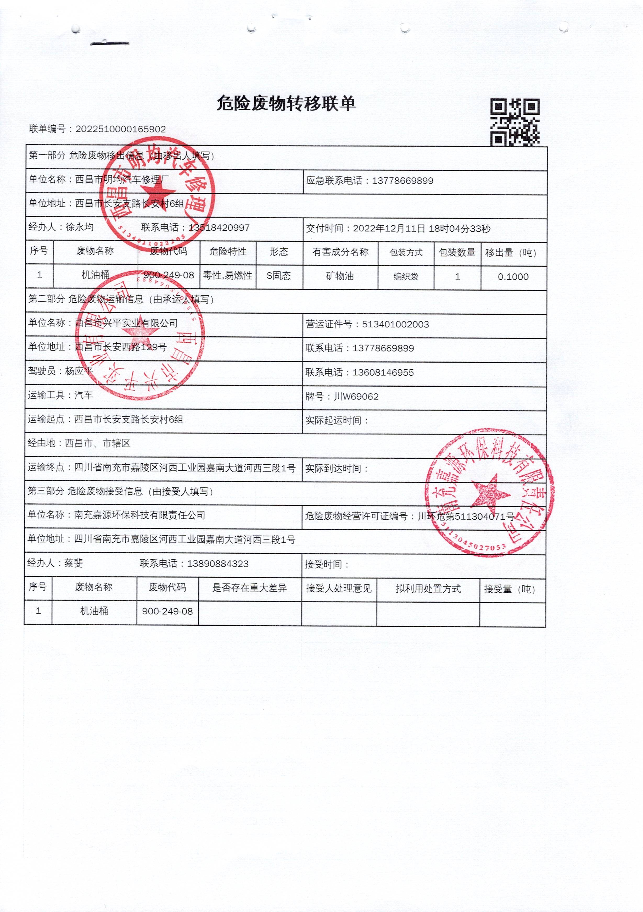 西昌市明均汽车修理厂危险废物信息公示