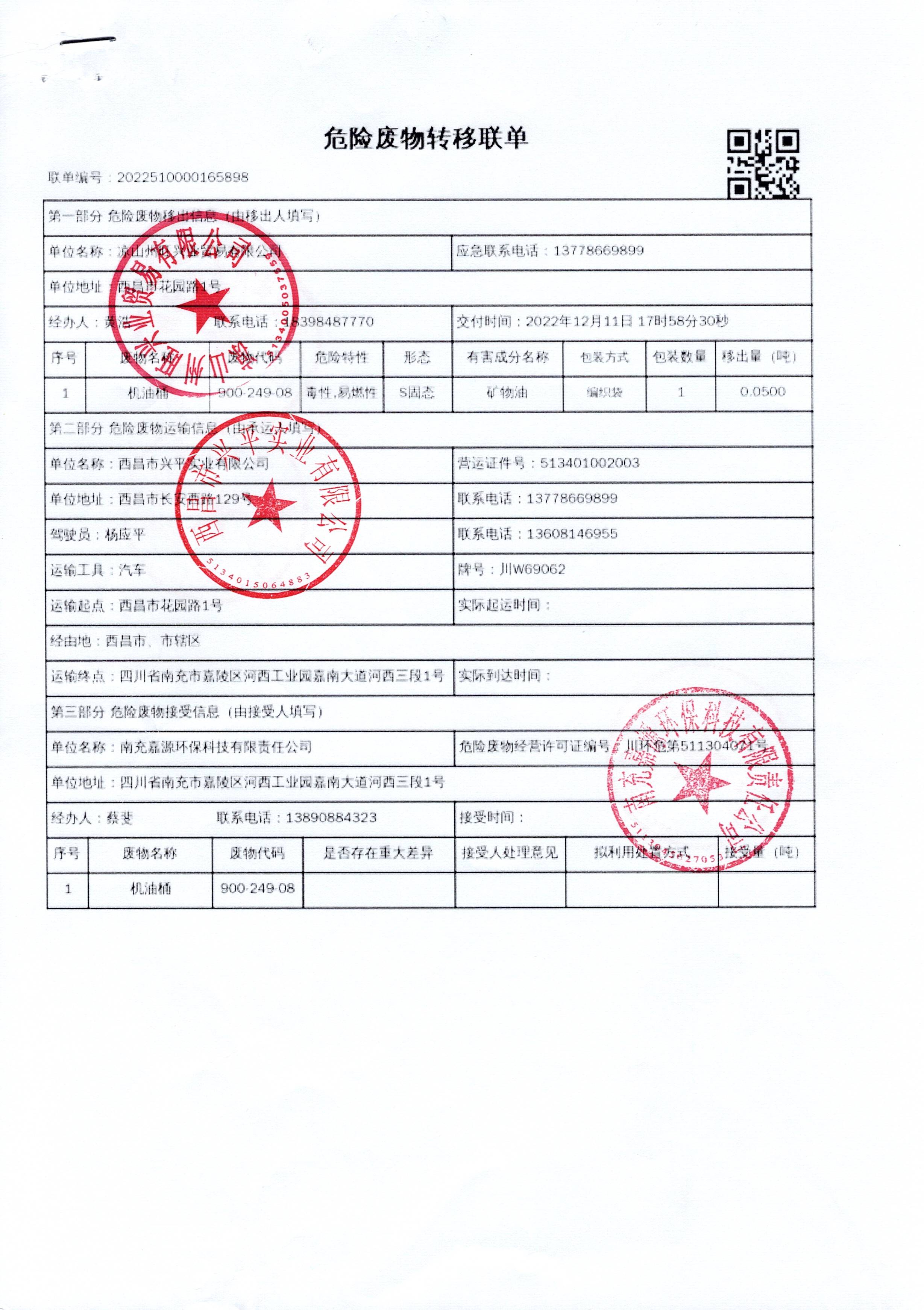 凉山州旺兴业贸易有限公司危险废物信息公示