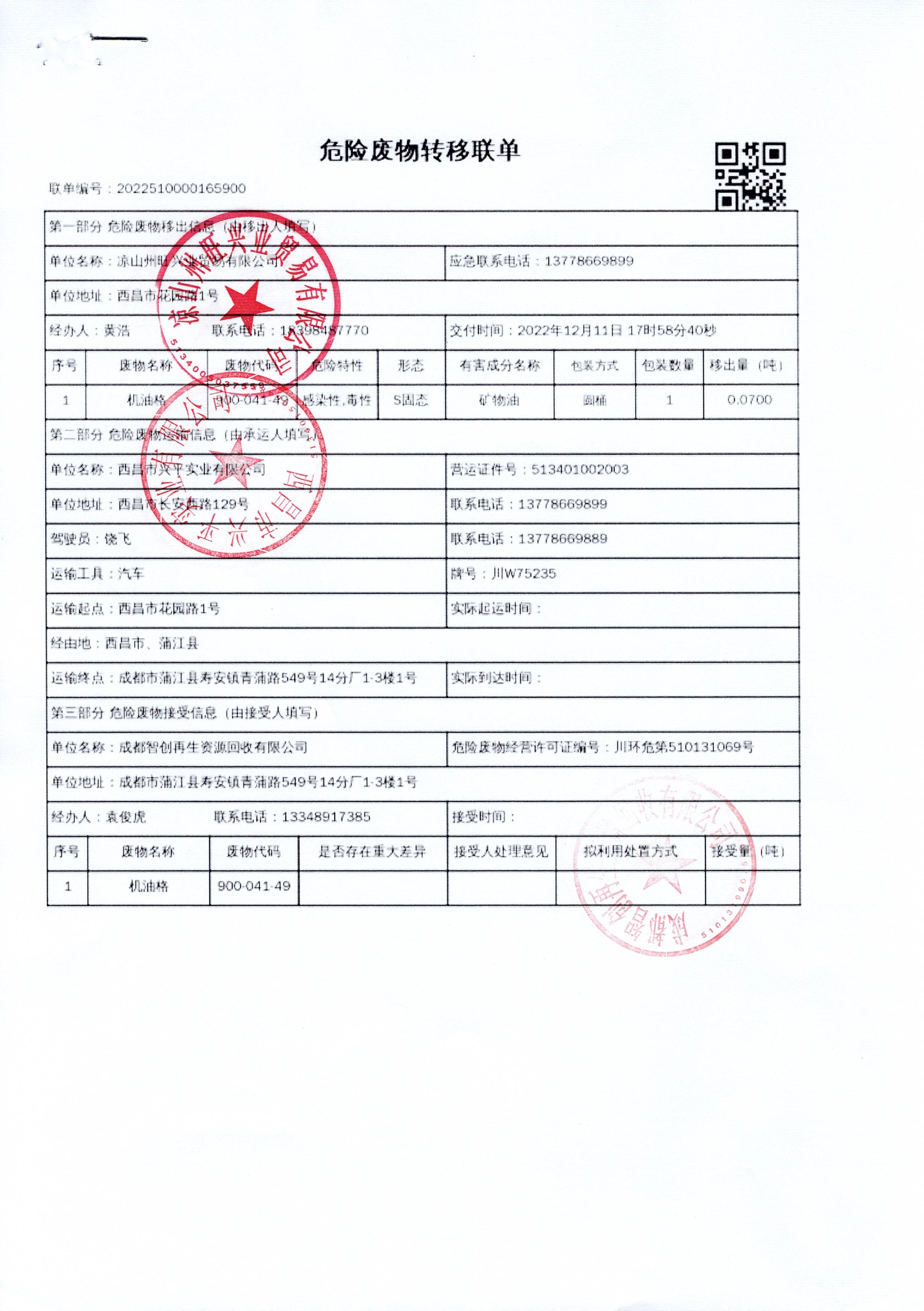凉山州旺兴业贸易有限公司危险废物信息公示