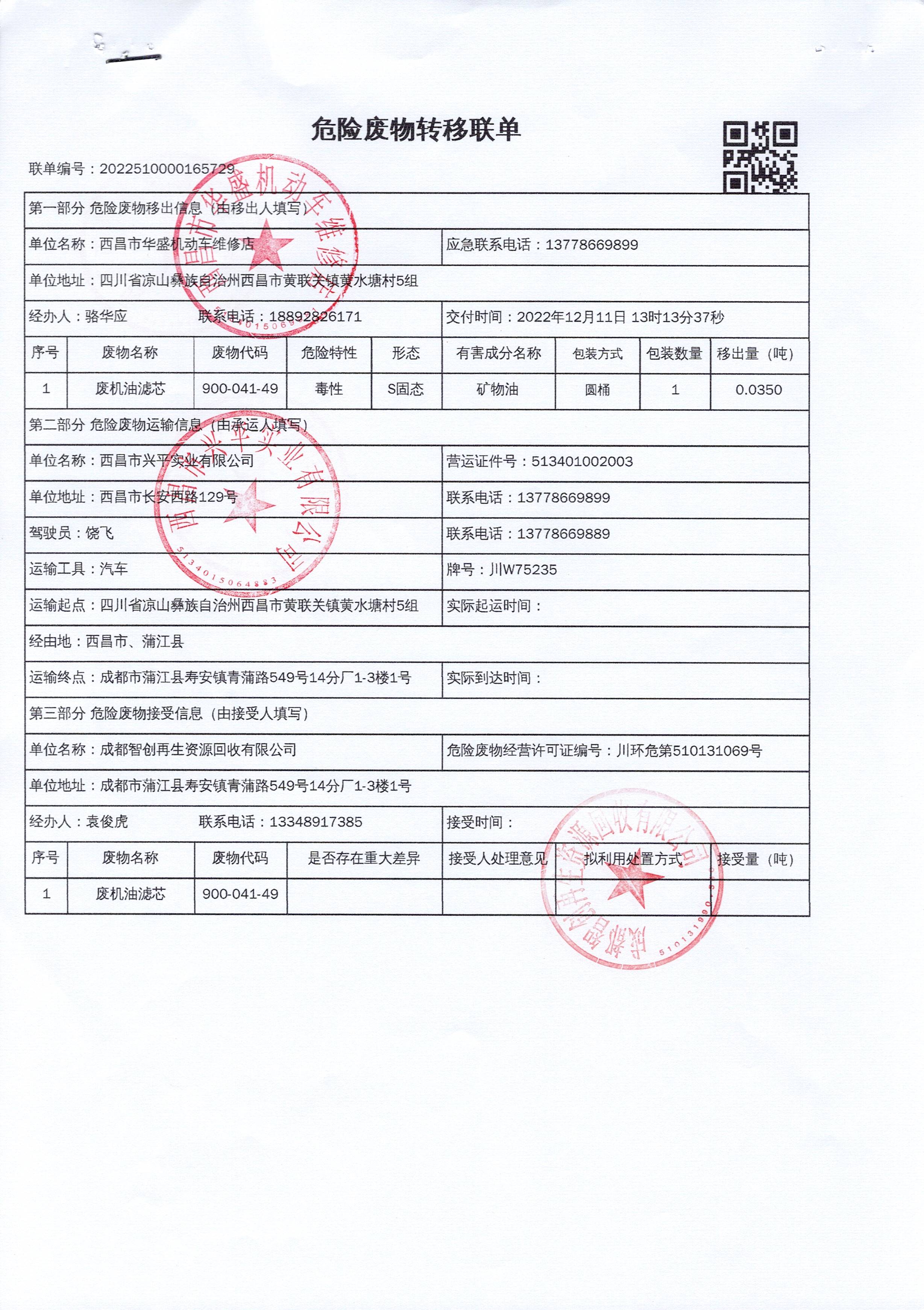 西昌市华盛机动车维修店危险废物信息公示