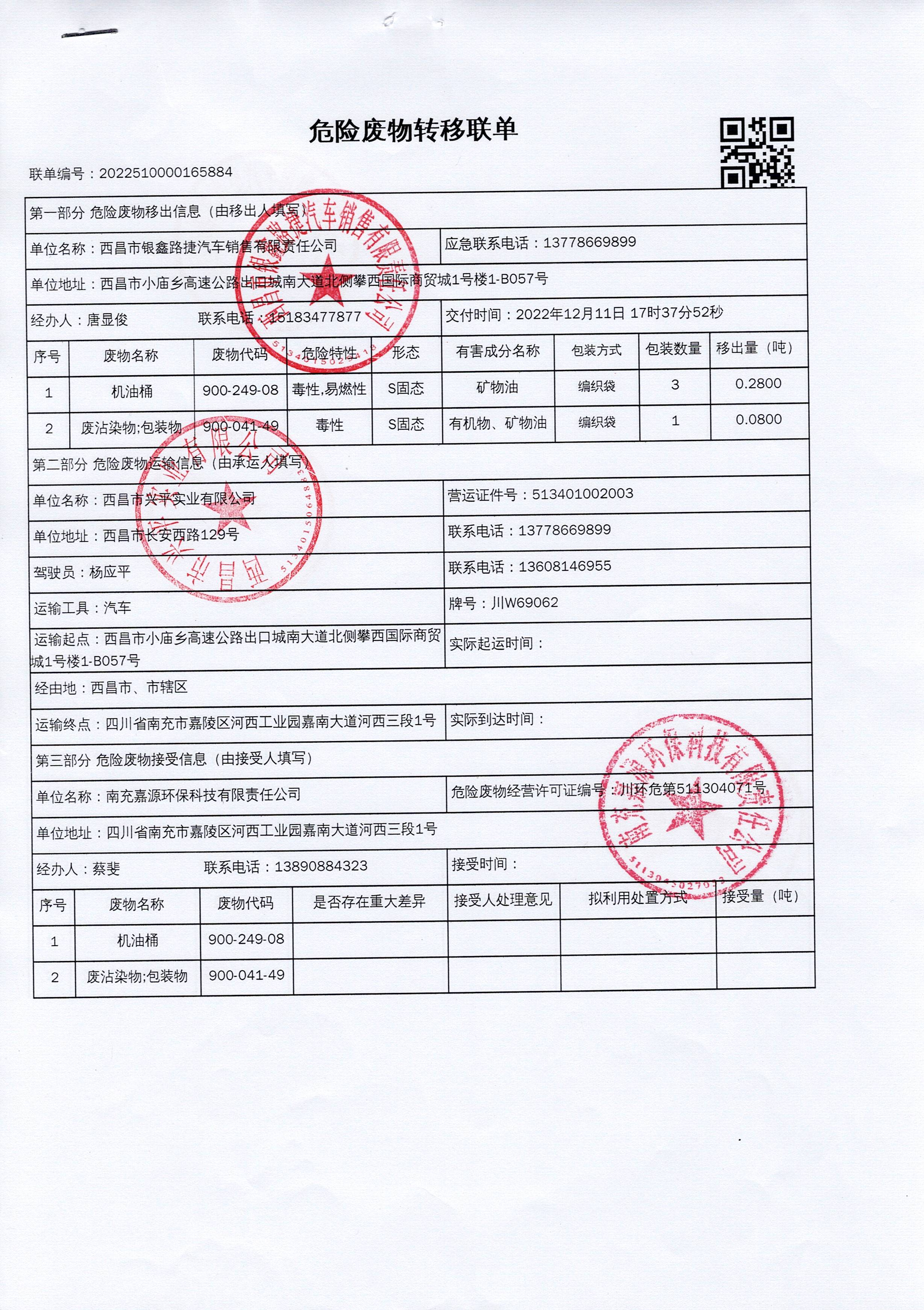 西昌市银鑫路捷汽车销售有限责任公司危险废物信息公示