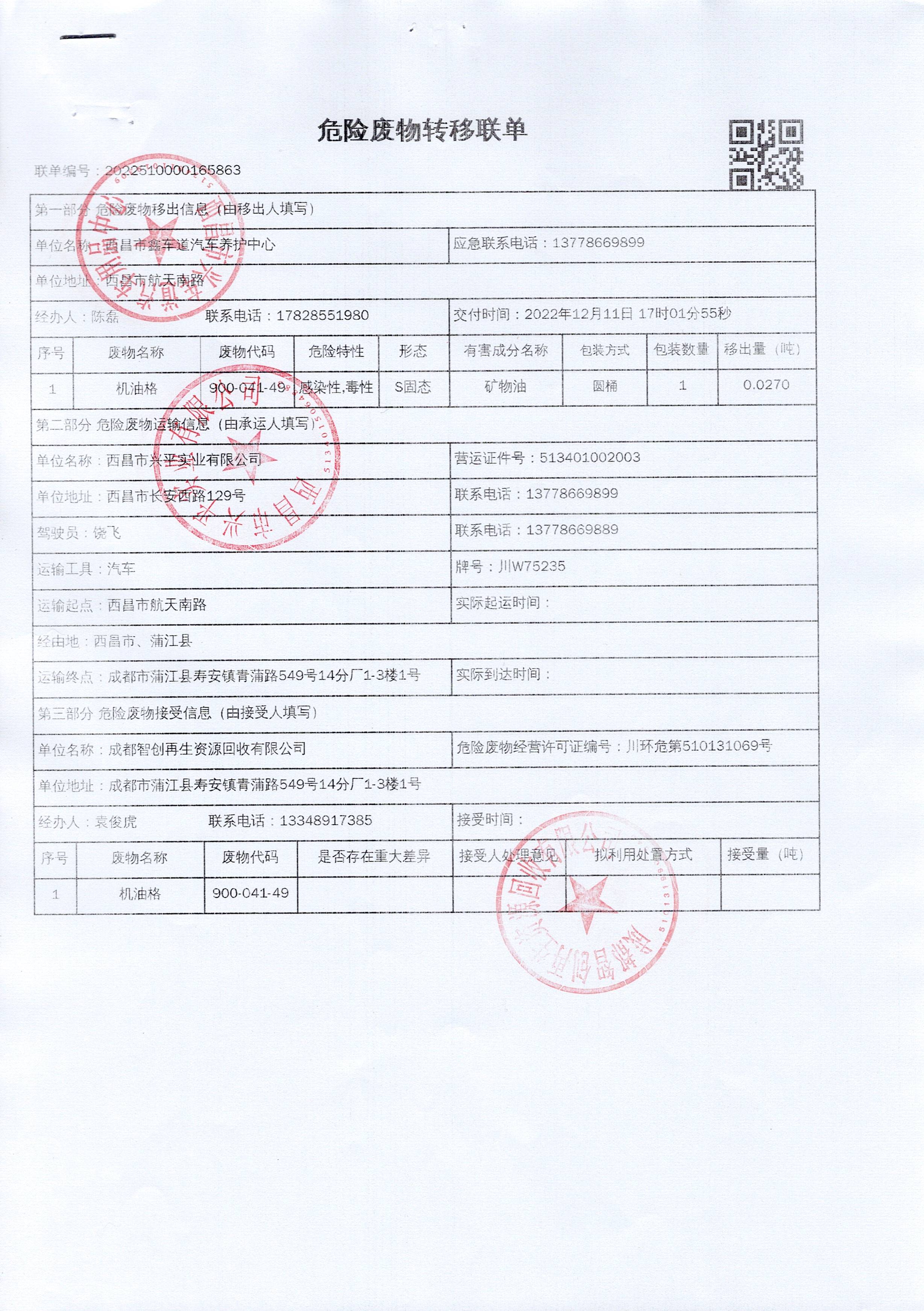 西昌市兴车道汽车用品中心危险废物信息公示