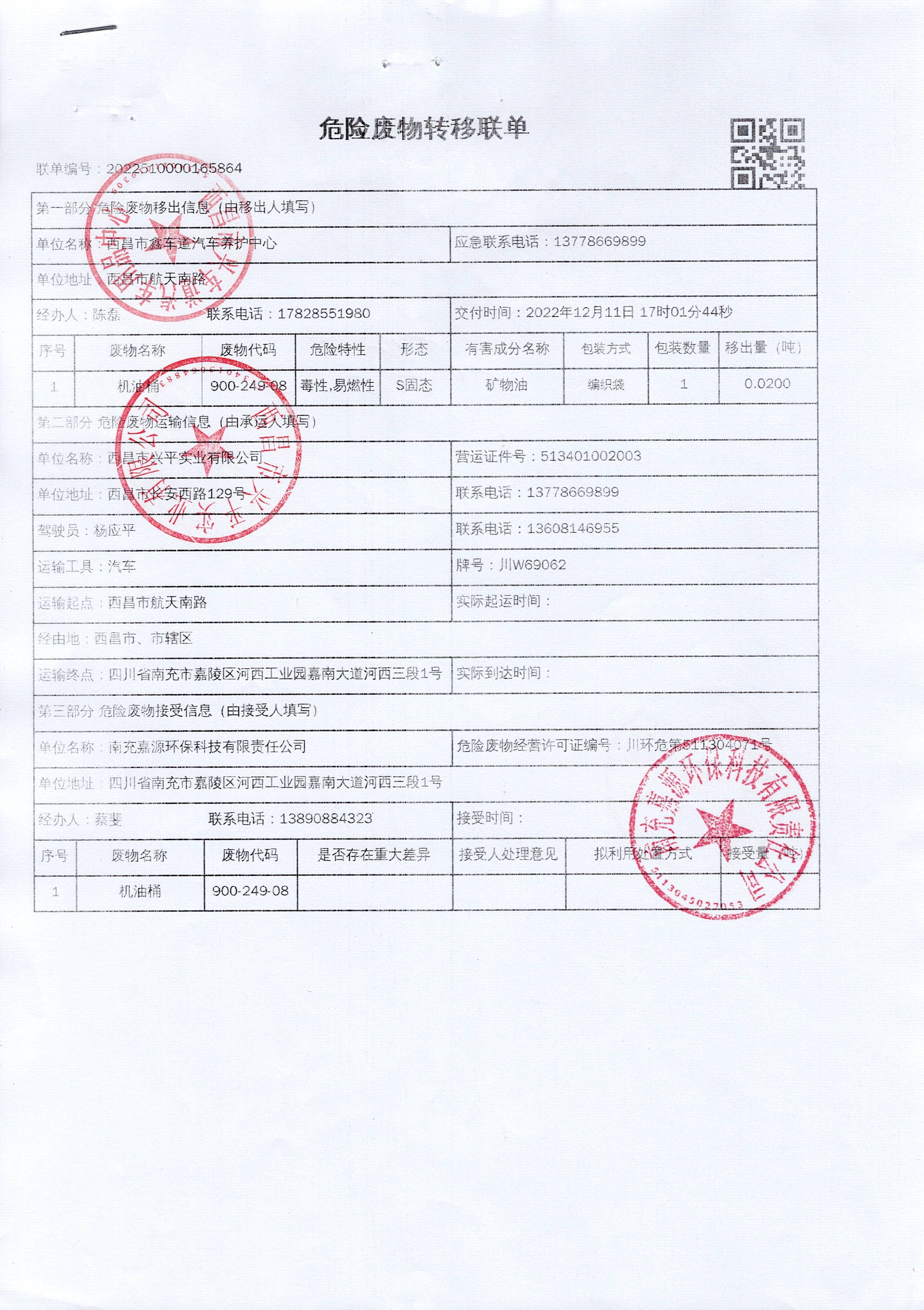 西昌市兴车道汽车用品中心危险废物信息公示