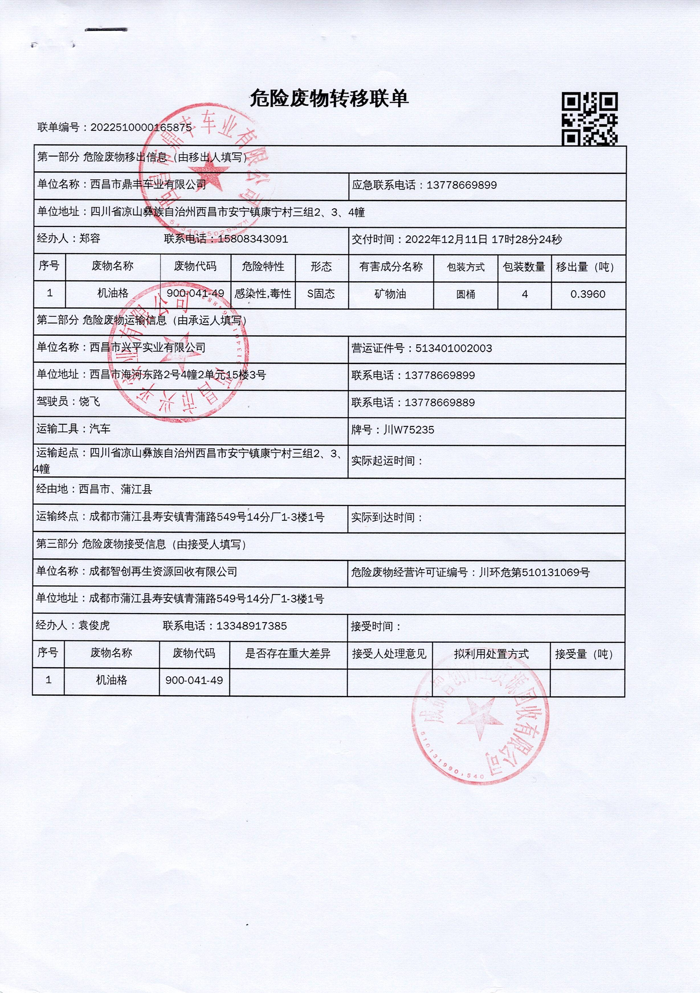 西昌市鼎丰车业有限公司危险废物信息公示