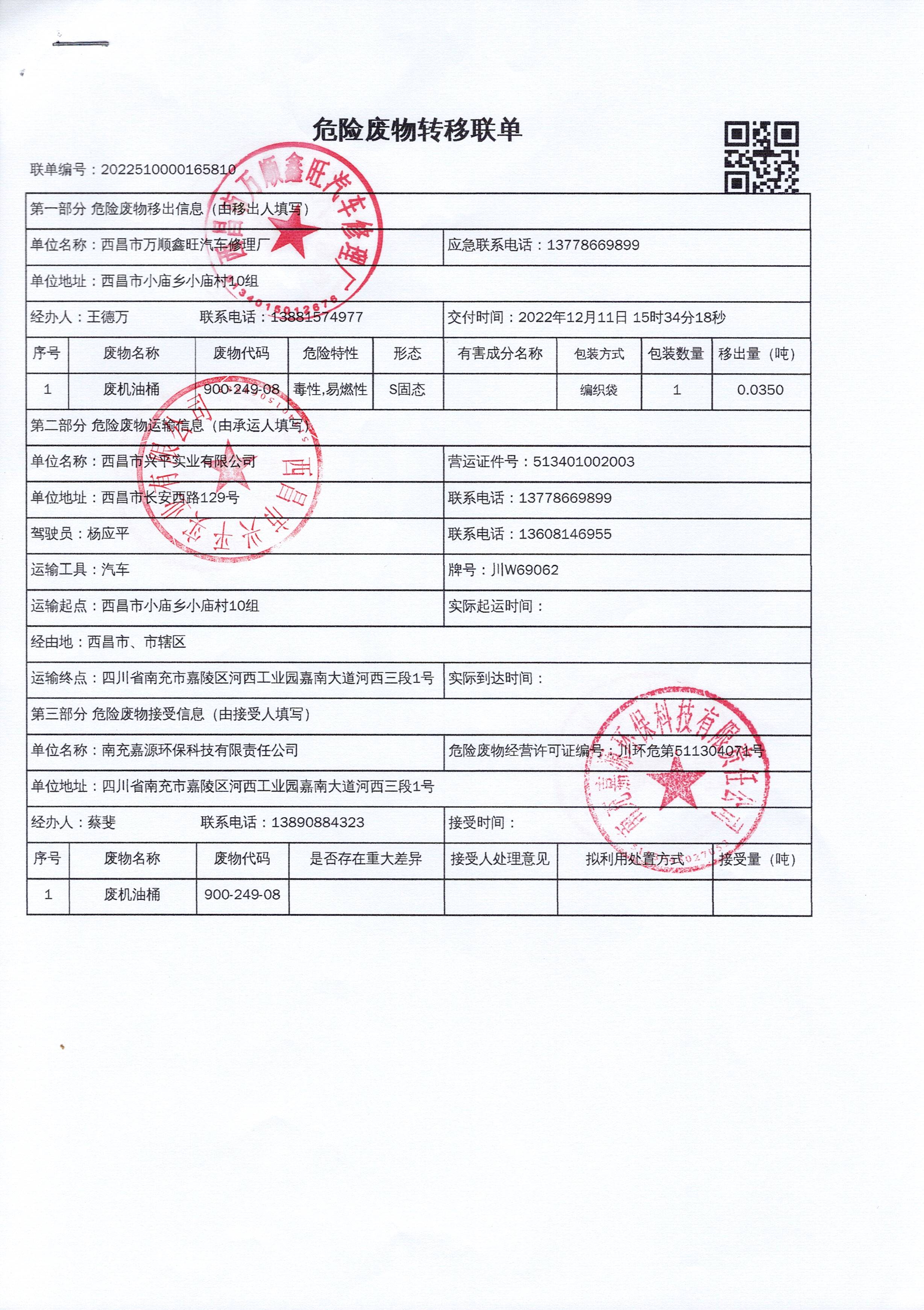 西昌市万顺鑫旺汽车修理厂危险废物信息公示