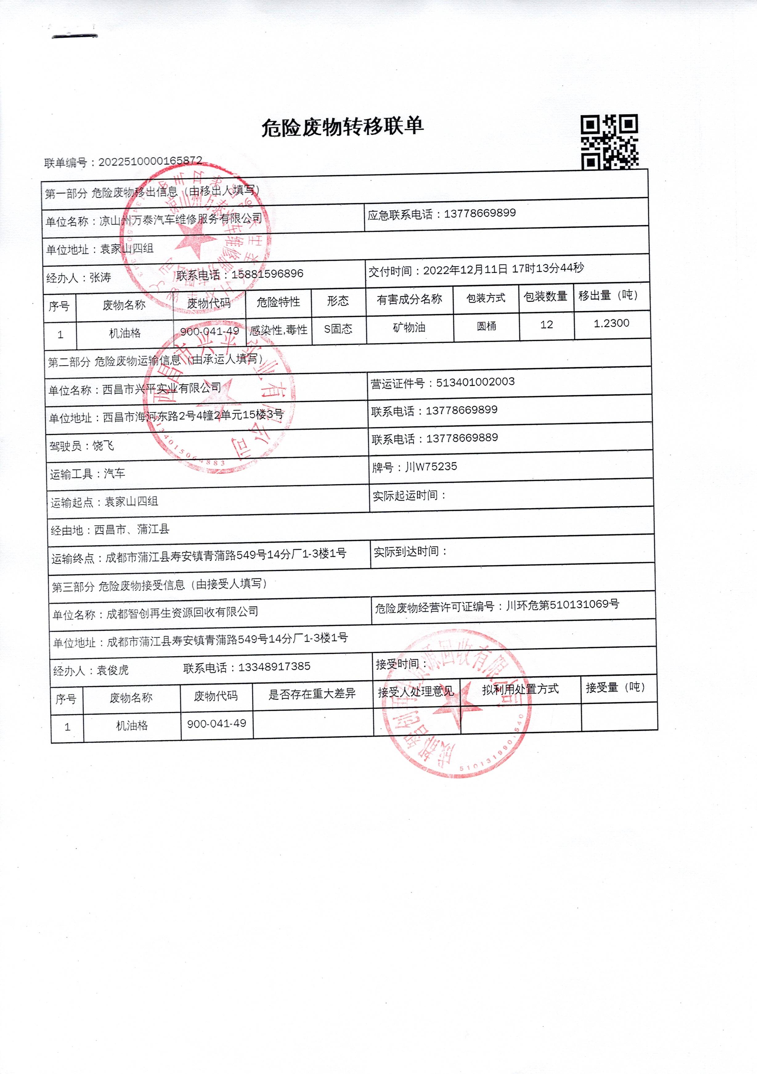 凉山州万泰汽车维修服务有限公司危险废物信息公示