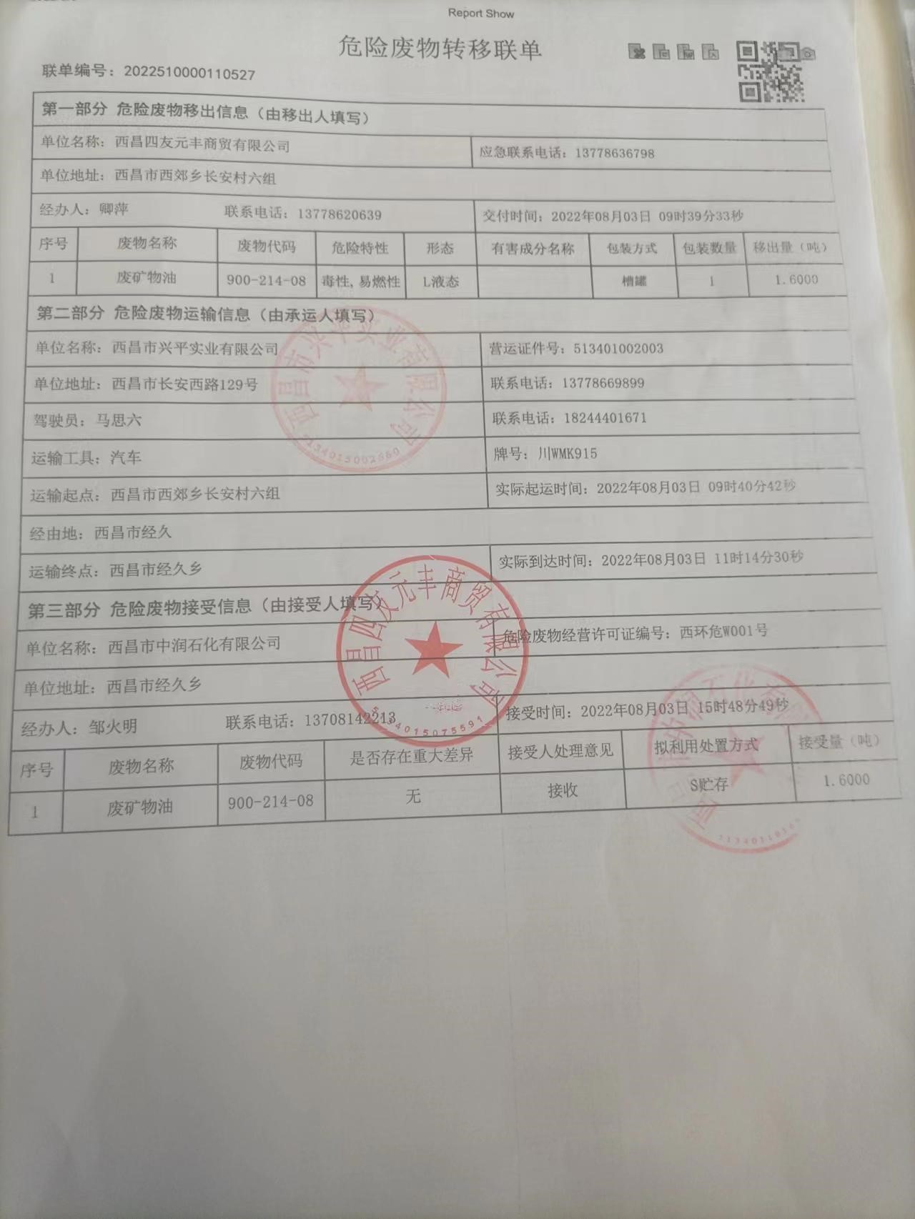 西昌四友元丰商贸有限公司危险废物信息公示