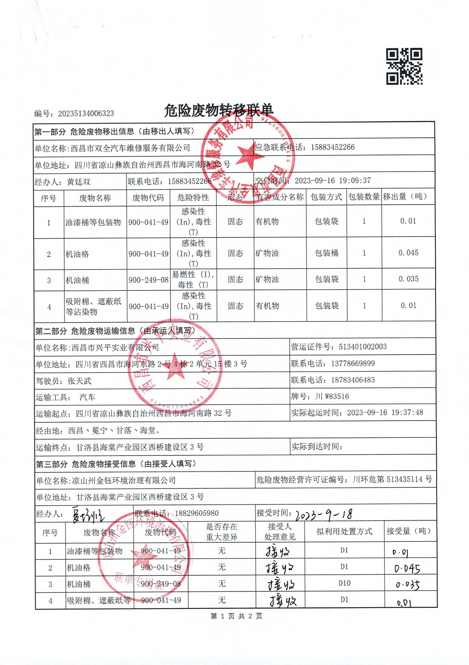西昌市双全汽车维修服务有限公司危险废物信息公示