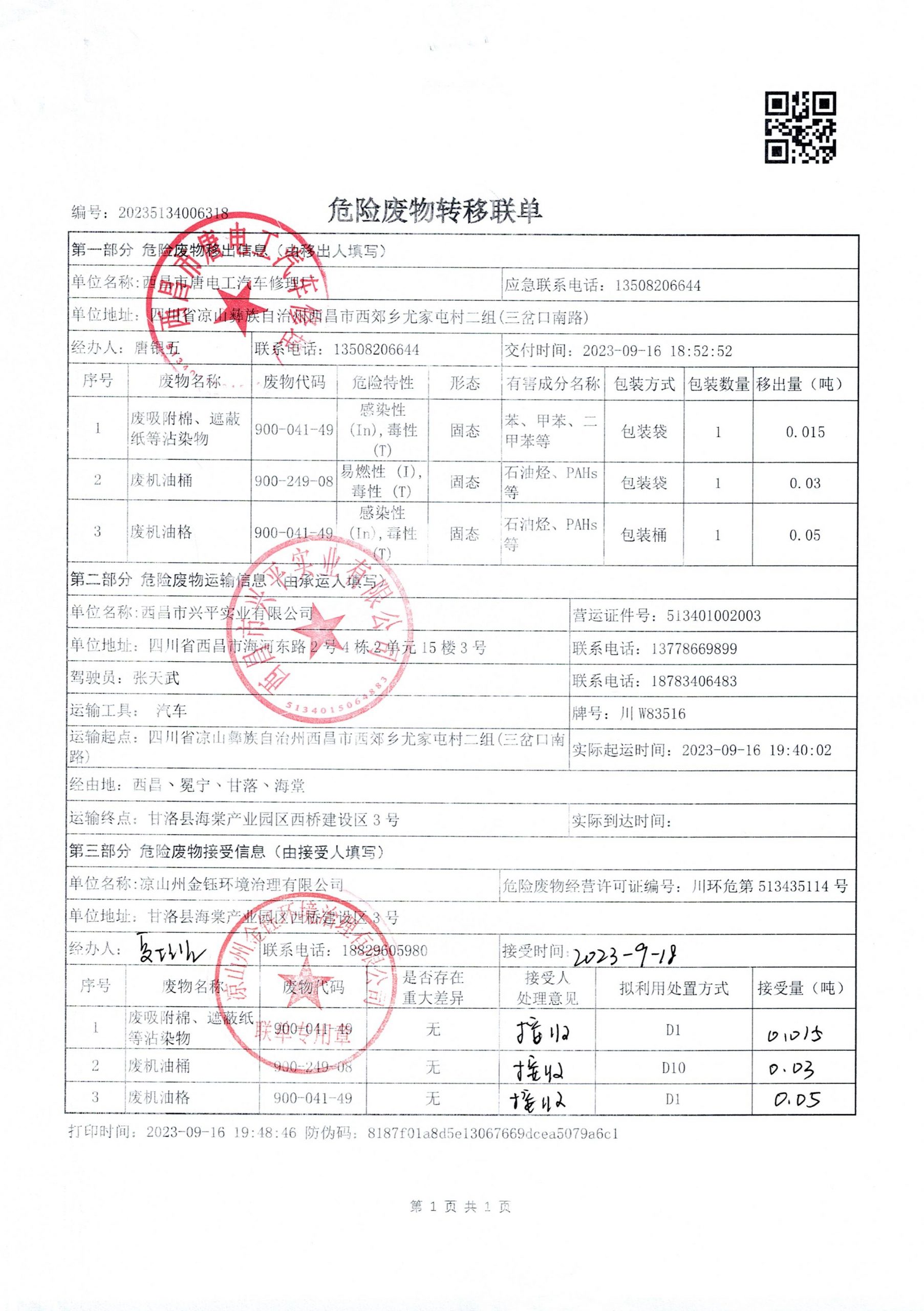 西昌市唐电工汽车修理厂危险废物信息公示