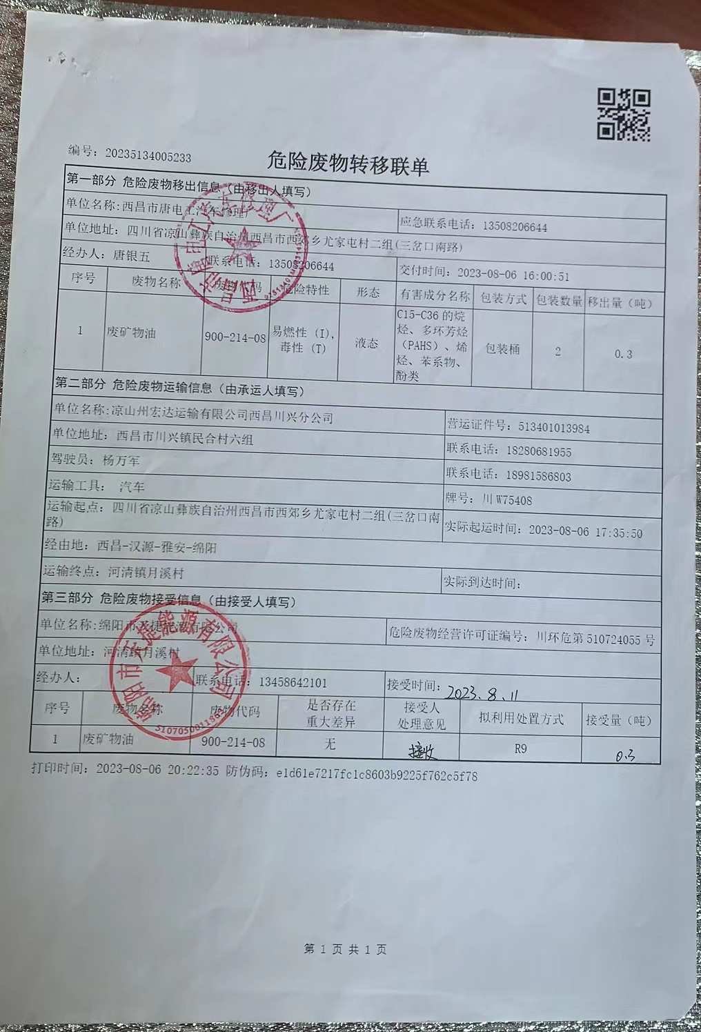 西昌市唐电工汽车修理厂危险废物信息公示