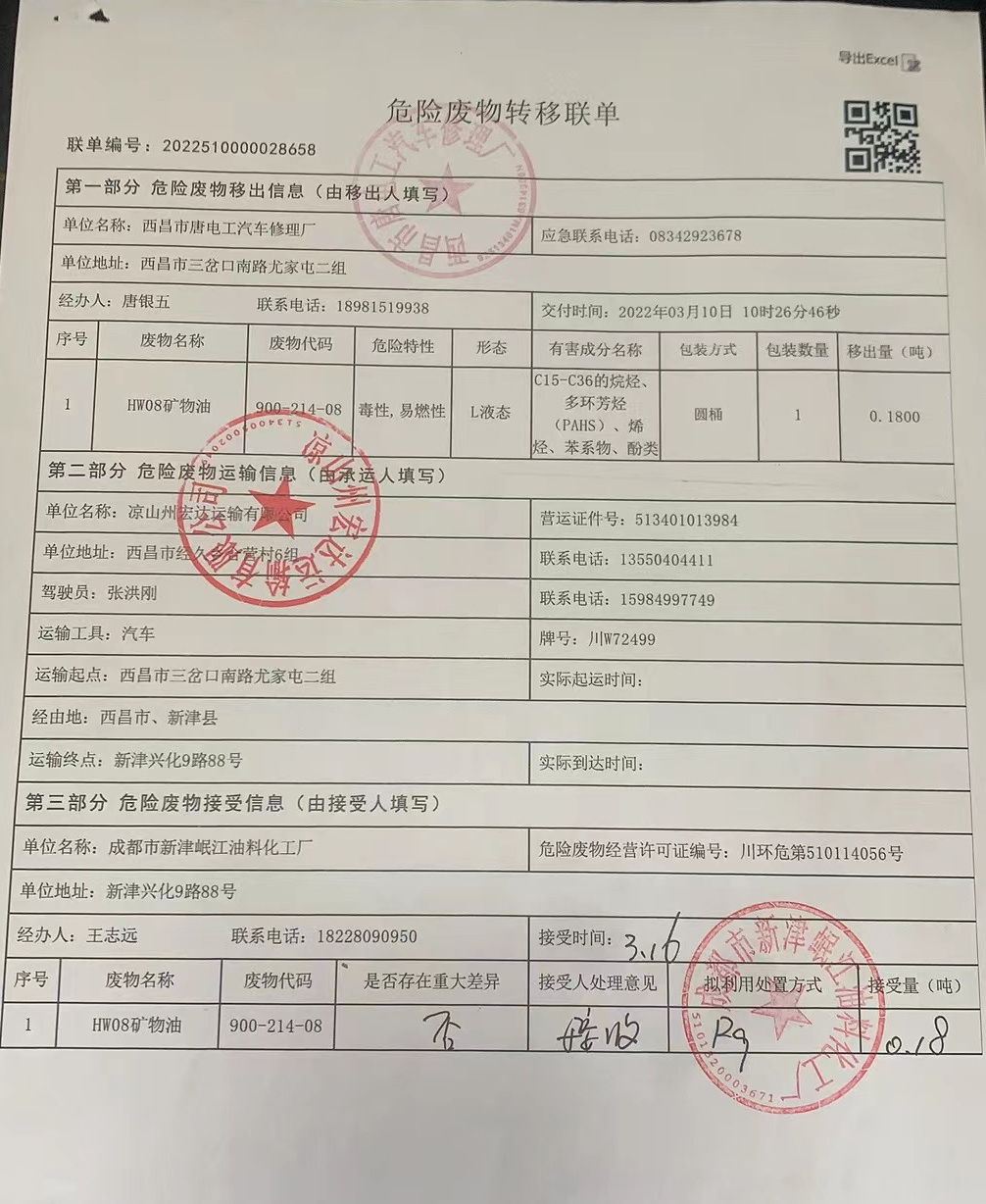 西昌市唐电工汽车修理厂危险废物信息公示