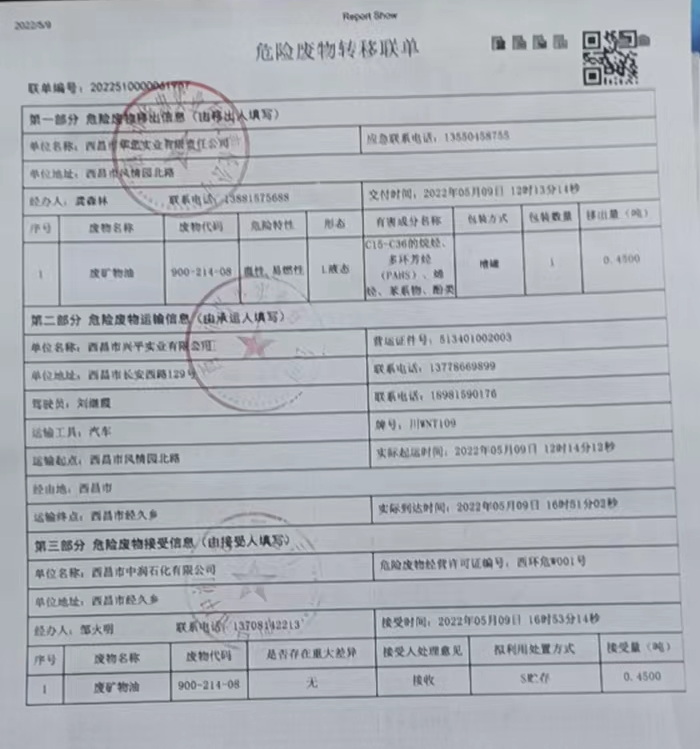 西昌市华忠实业有限责任公司危险废物信息公示