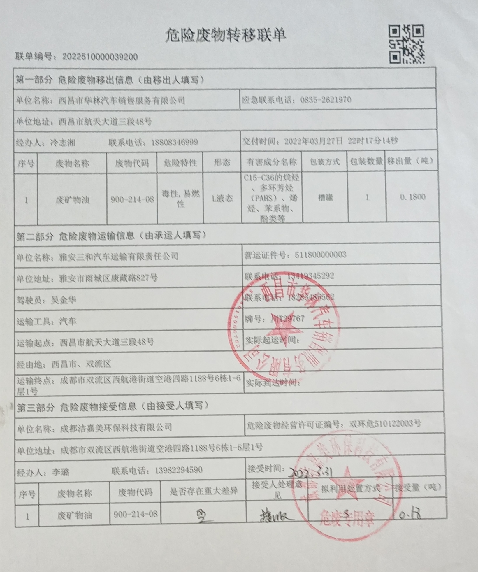 西昌市华林汽车销售服务有限公司危险废物信息公示