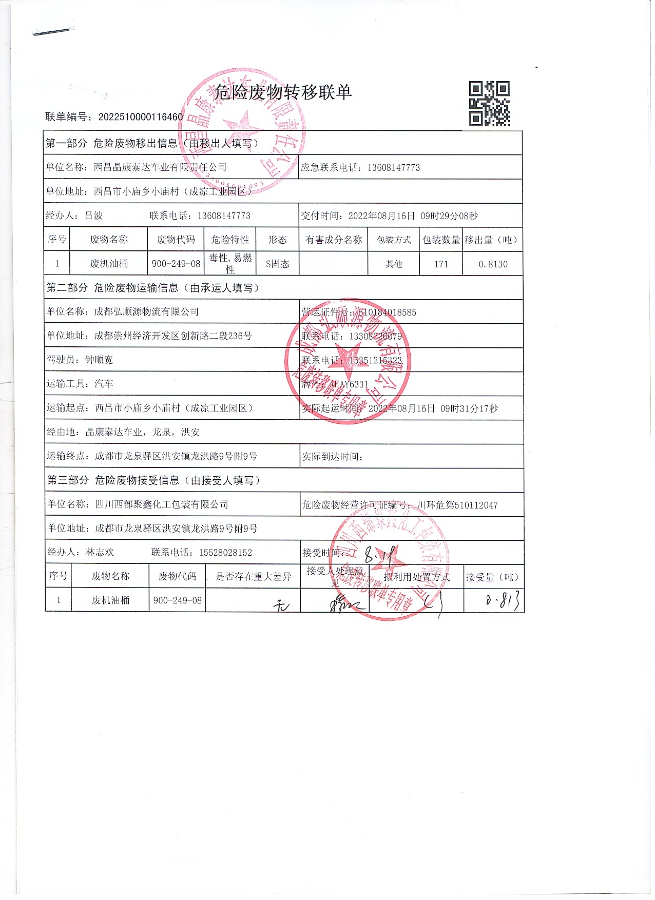 西昌晶康泰达车业有限责任公司危险废物信息公示