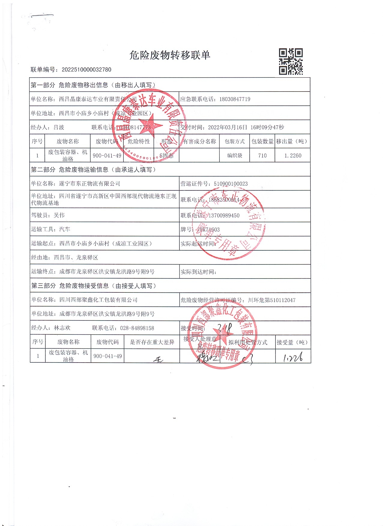 西昌晶康泰达车业有限责任公司危险废物信息公示