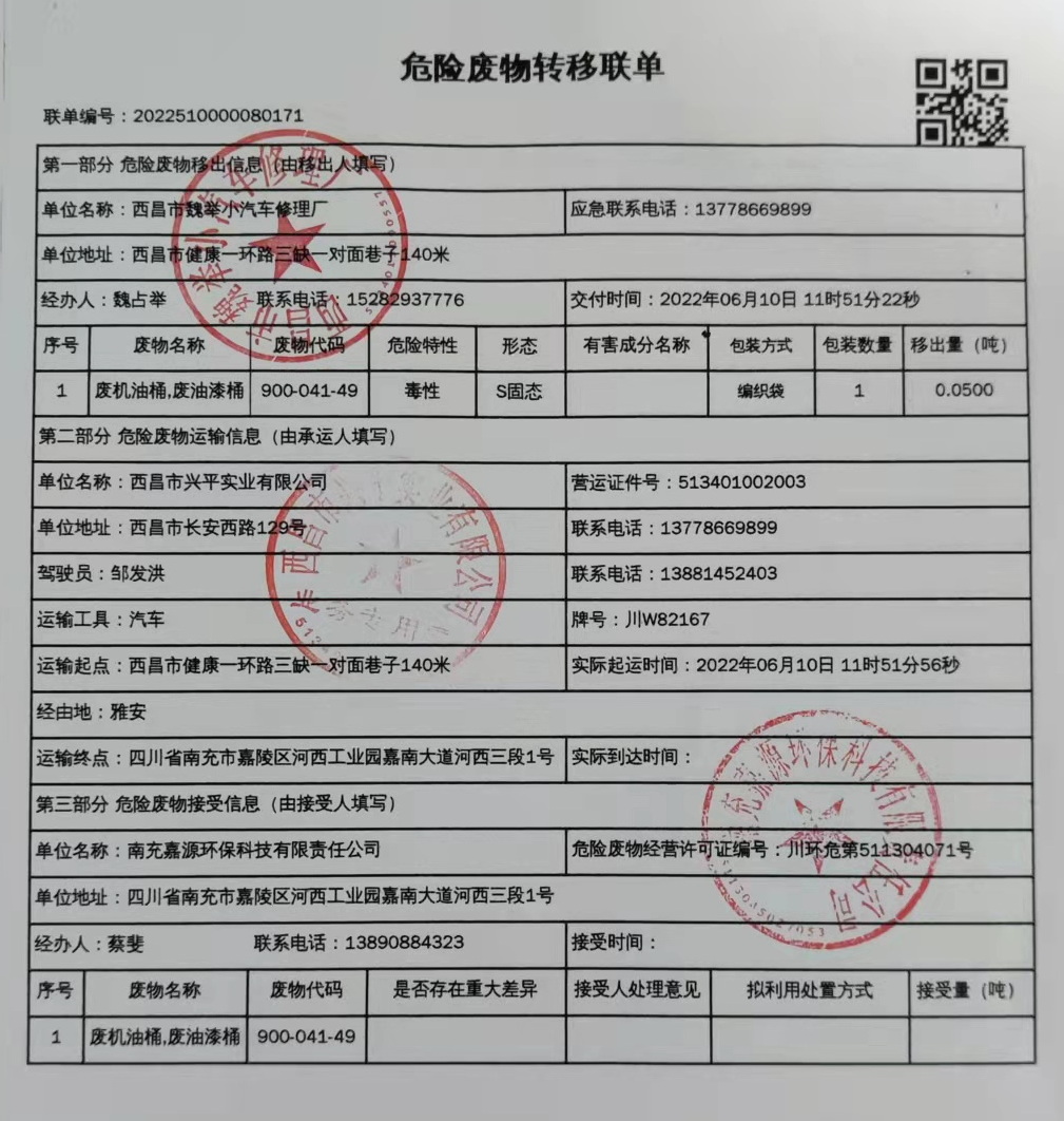 西昌市魏举小汽车修理厂危险废物信息公示