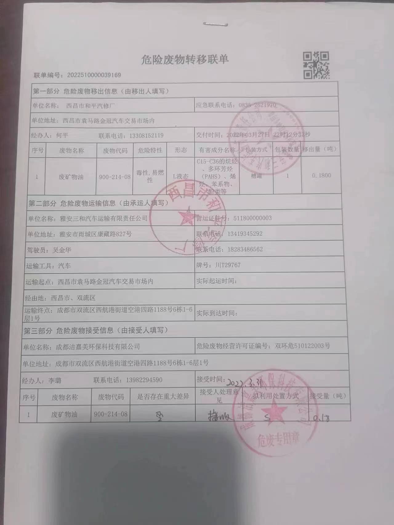西昌市和平汽修厂危险废物信息公示