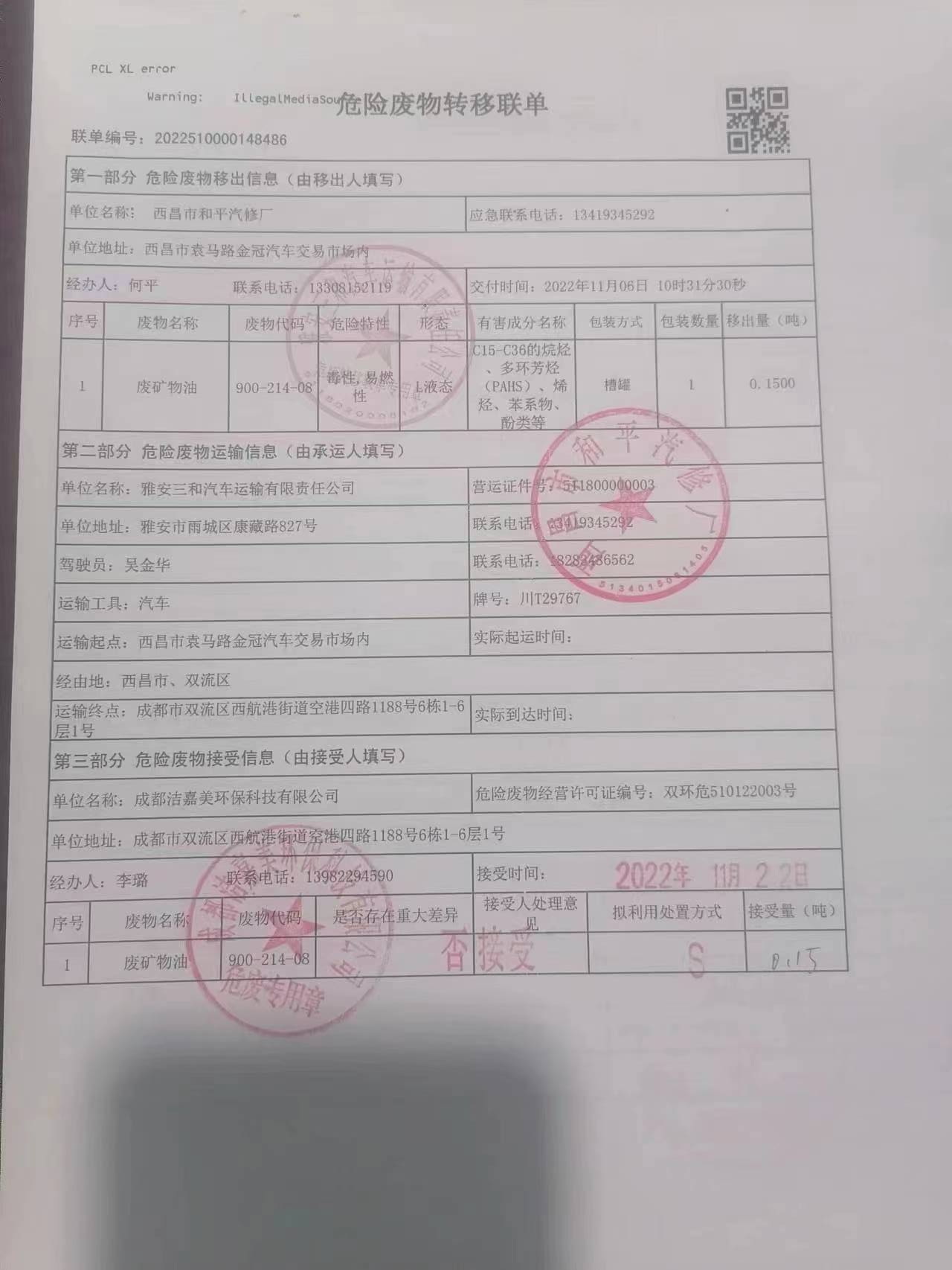 西昌市和平汽修厂危险废物信息公示