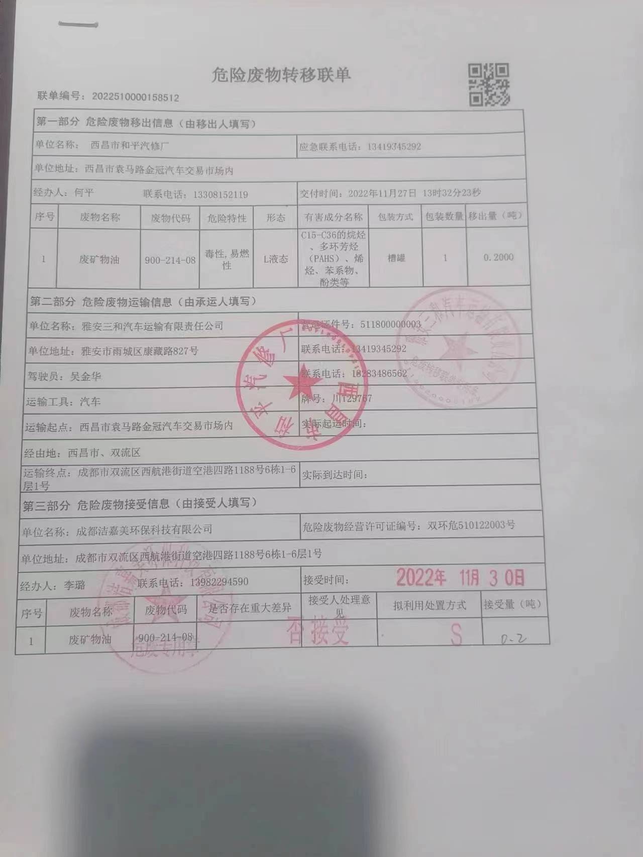 西昌市和平汽修厂危险废物信息公示