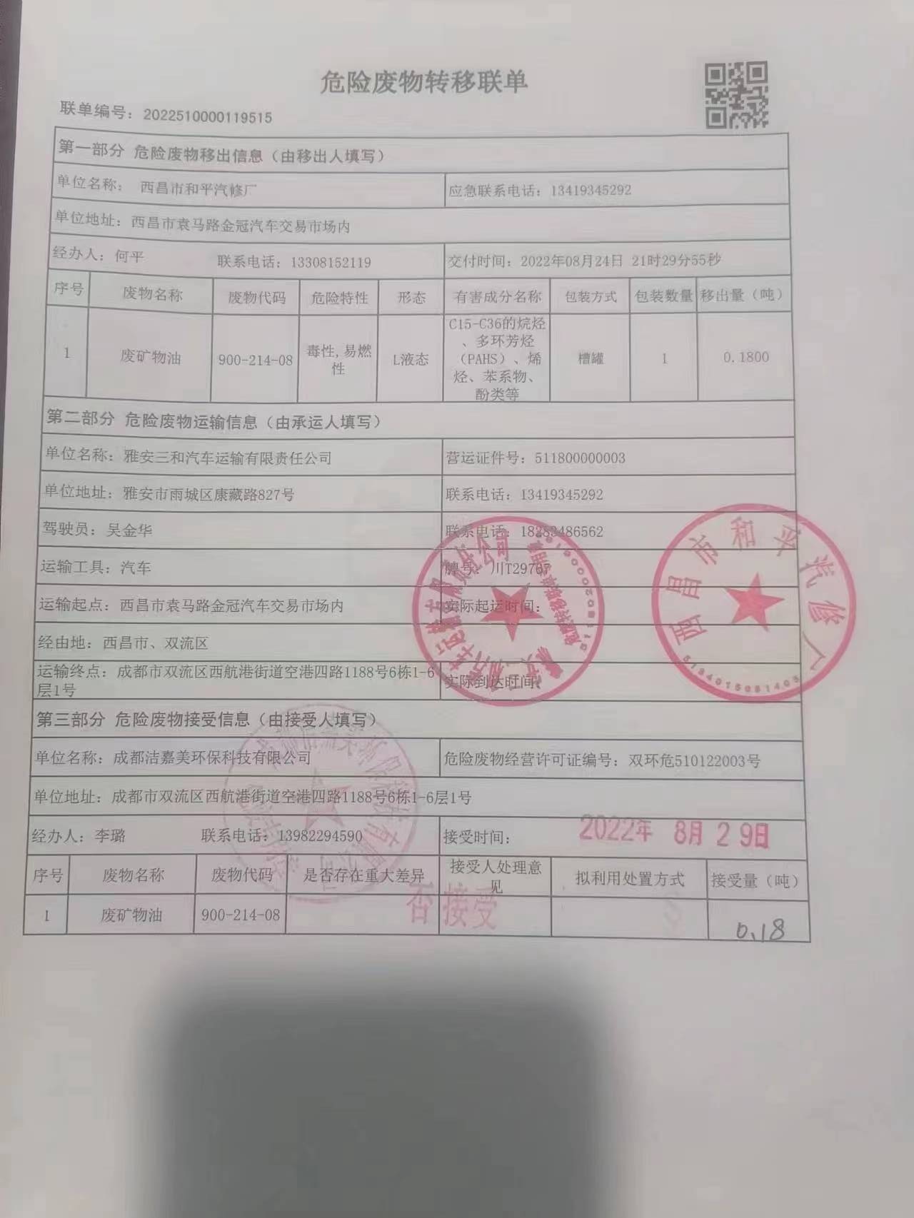 西昌市和平汽修厂危险废物信息公示