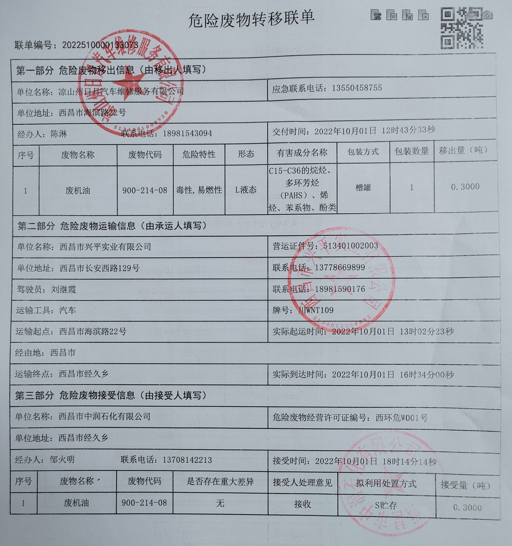 凉山州日月汽车维修服务有限公司危险废物信息公示