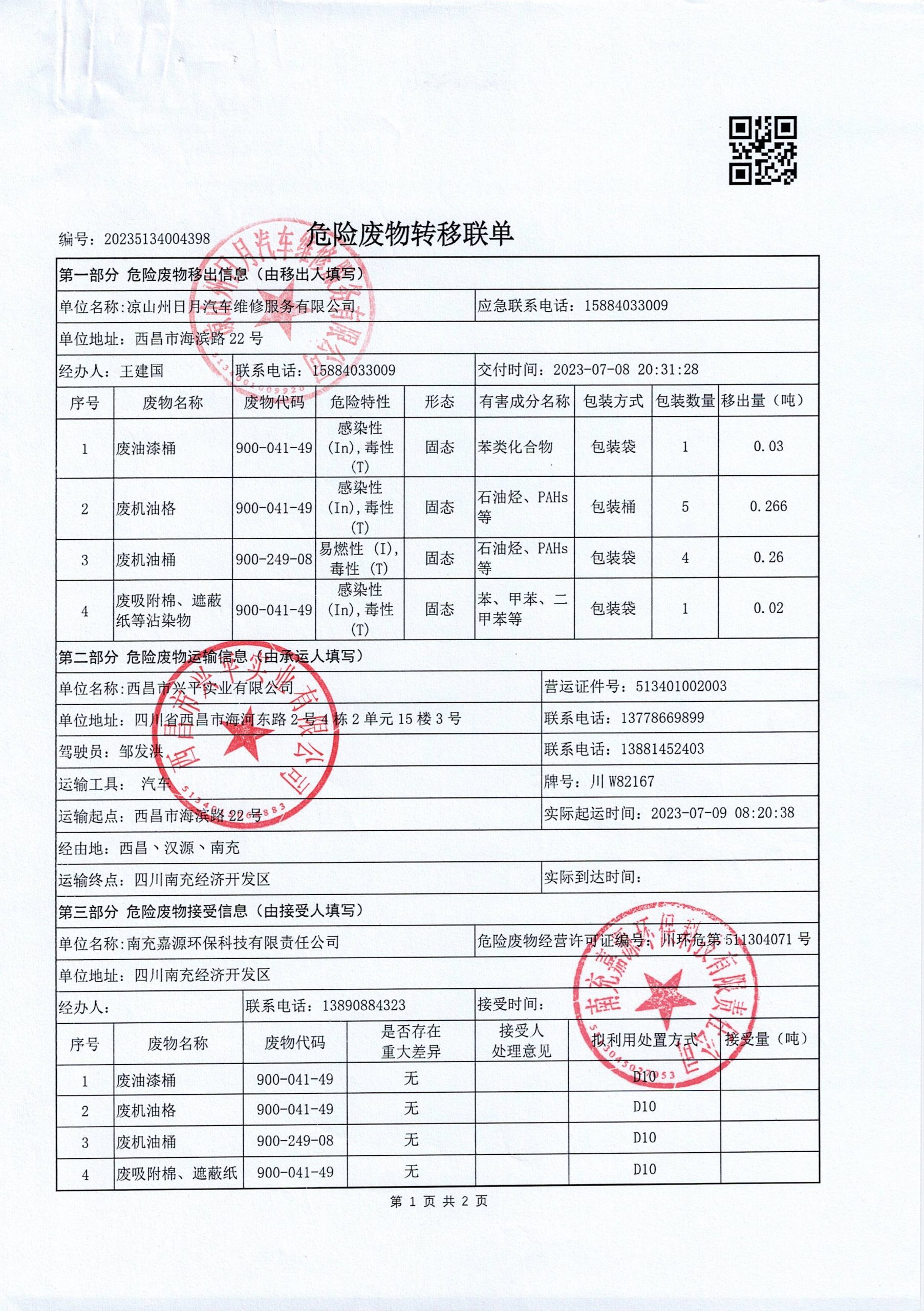 凉山州日月汽车维修服务有限公司危险废物信息公示