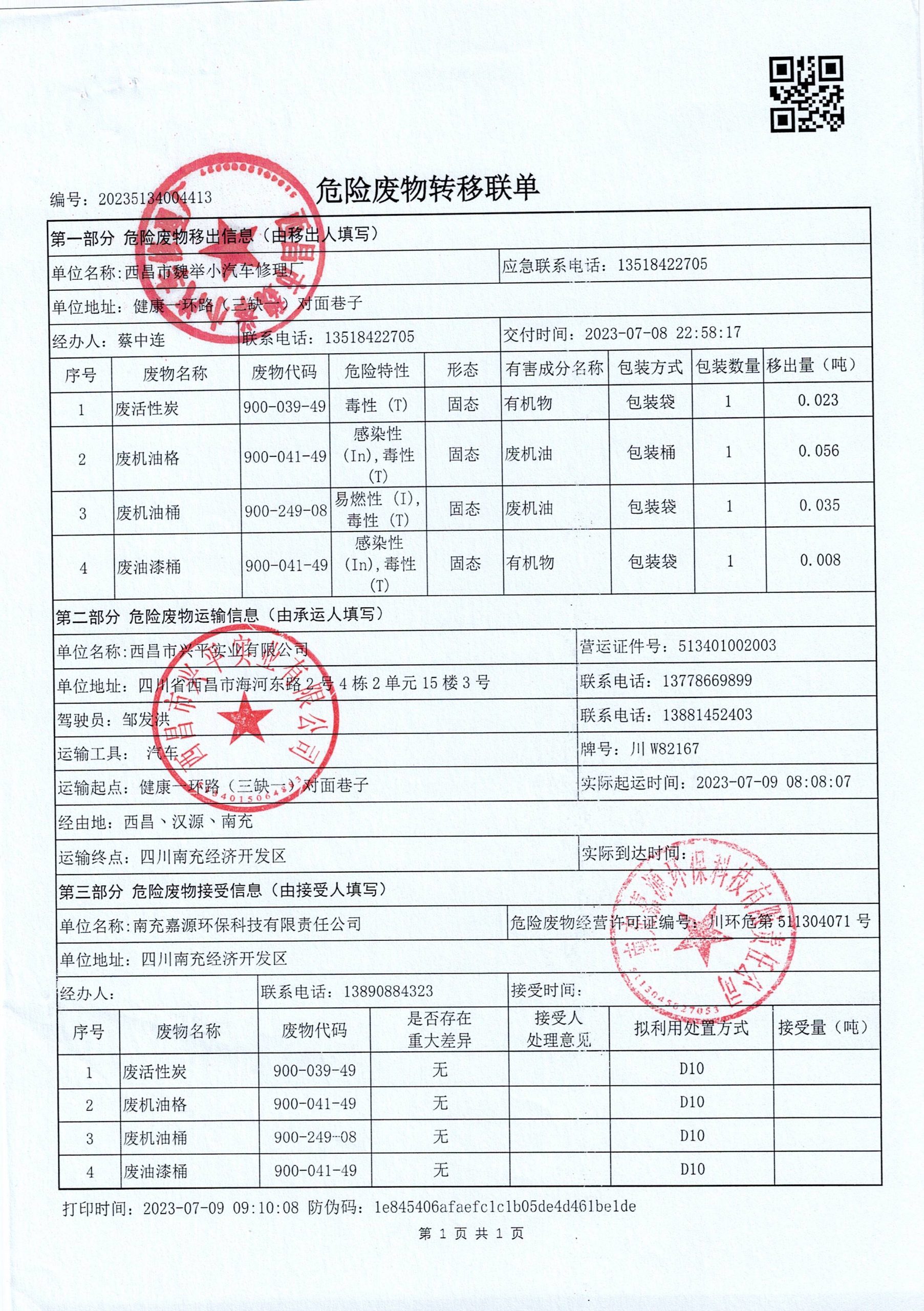 西昌市魏举小汽车修理厂危险废物信息公示